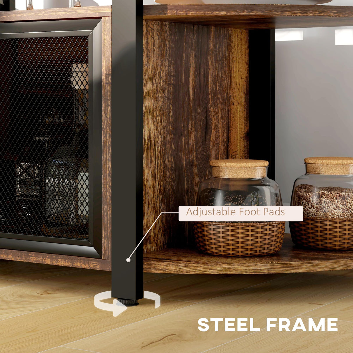 HOMCOM Wine Bar Cabinet with Charging Station and LED Lights, Industrial Liquor Cabinet Bar Stand for Home with 10-Bottle Wine Rack, Glass Holders, Mesh Doors, and Open Shelves, Rustic Brown HOMCOM