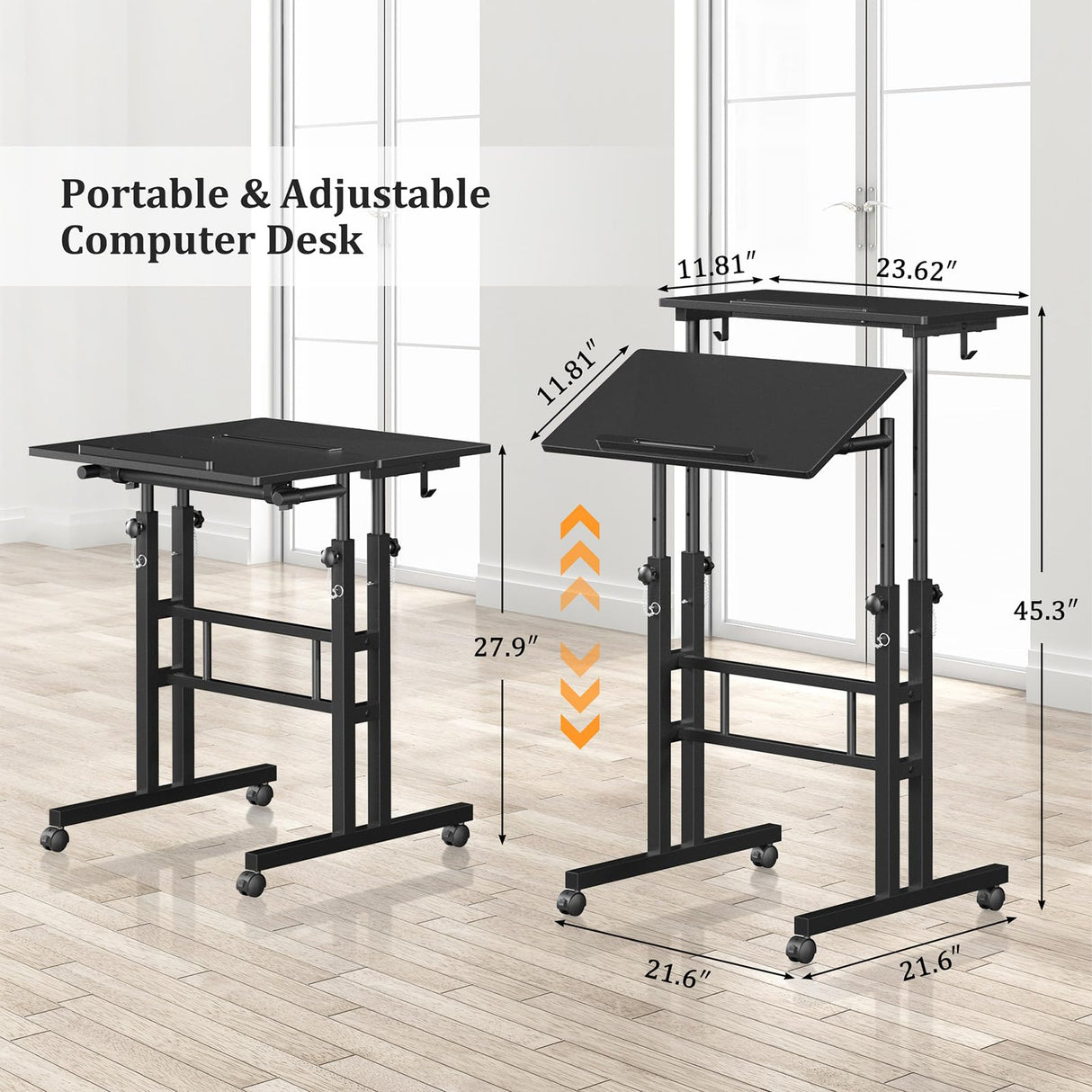 Enayplon Small Standing Desk with Wheels, Mobile Stand Up Desk, Portable Standing Table on Wheels for Walking Pad, Rolling Computer Desk Adjustable Height, Tall Table Enayplon