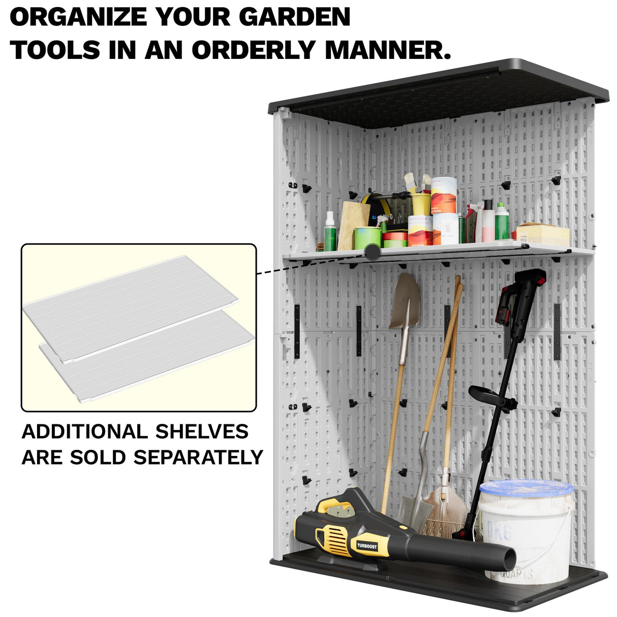 Devoko 50 Cu.ft Outdoor Storage Cabinet - Vertical Resin Storage Shed - Holds Patio Furniture, Pool Toys, Garden Tools (White) Shelf Not Included Devoko