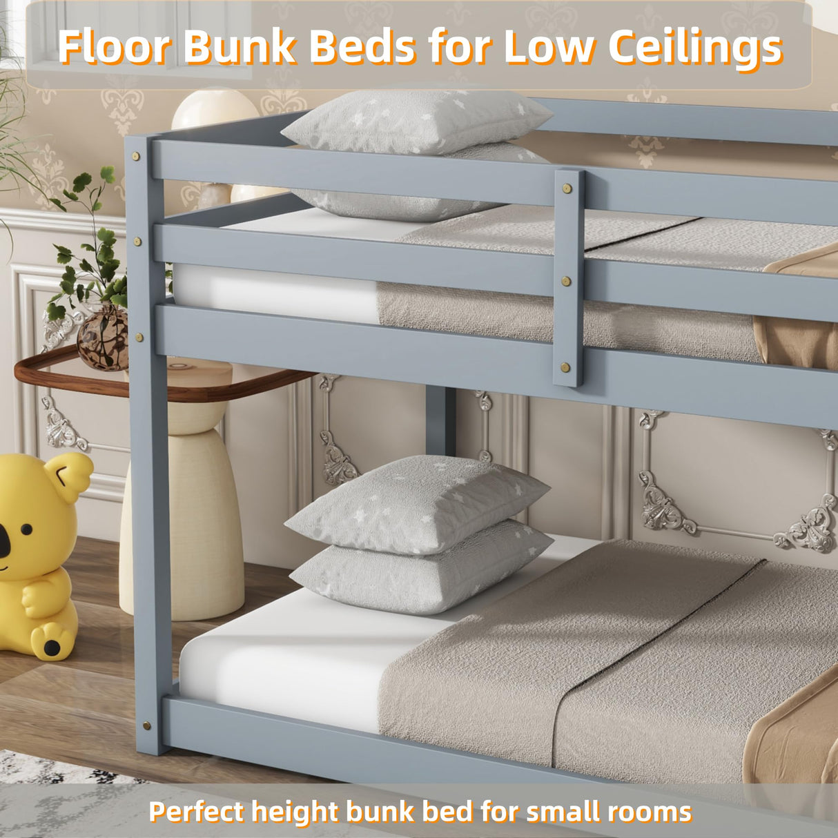 ZJIAH Low Bunk Bed Twin Over Twin, Solid Wood Floor Bunk Bed Frame with Ladder & Safety Guardrails, Twin Bunk Beds for Kids Boys and Girls, Saving Space, No Box Spring Needed, Gray ZJIAH