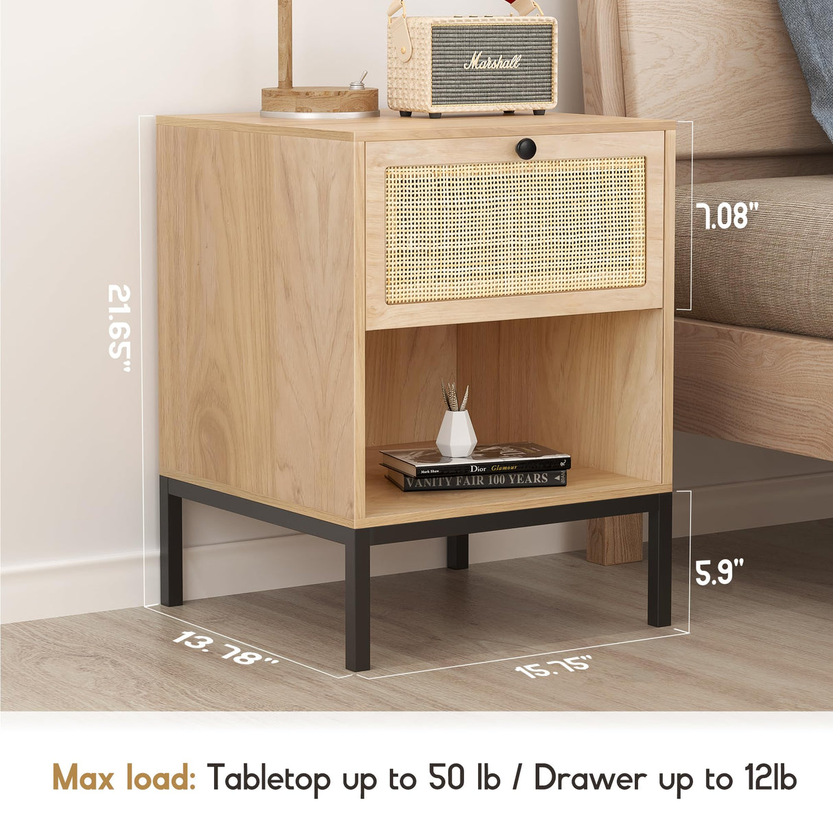 XIAO WEI Rattan Nightstand Set of 2 with Handmade Natural Rattan Drawer, Bedside Table Set of 2, Accent End Table, Boho Night Stand for Bedroom, Living Room, Metal Legs Small XIAO WEI