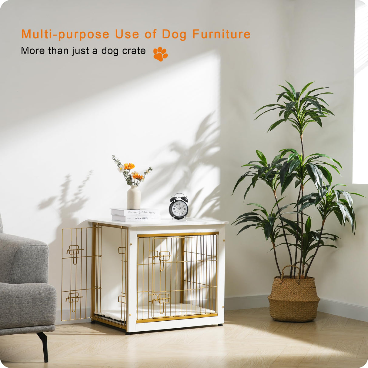 DWANTON Dog Crate Furniture with Cushion, Wooden Dog Crate with Double Doors, Dog Furniture, Dog Kennel Indoor for Small/Medium/Large Dog,End Table, Small, 27.2" L, White Dwanton