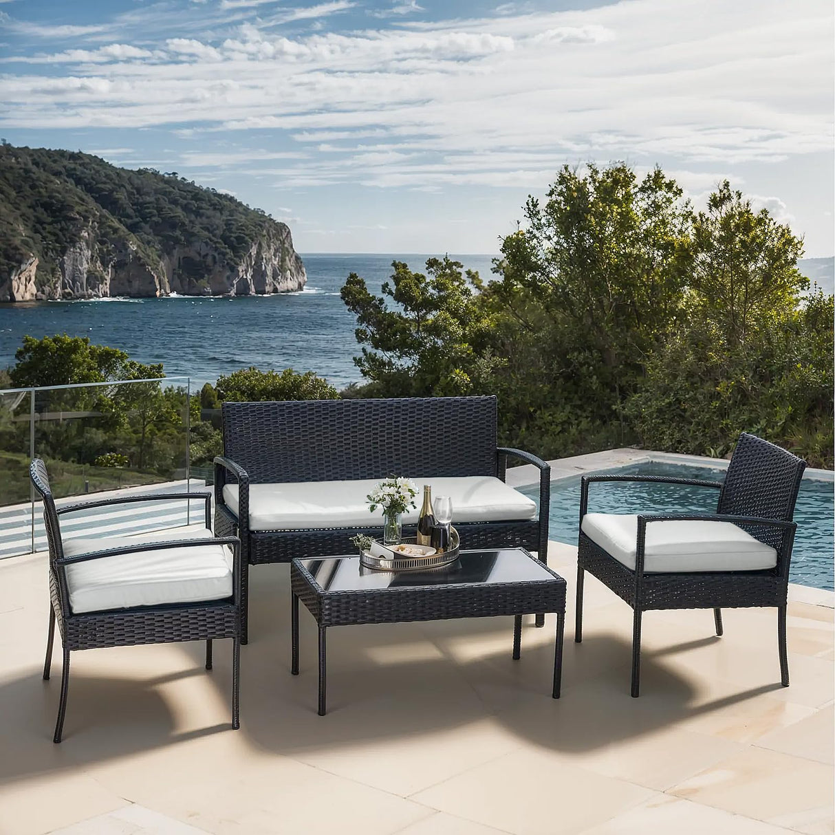 4-Piece Outdoor Wicker Sofa Set, Rattan Porch Furniture with Removable Cushions for Backyard, Balcony, and Deck - All-Weather Durability and Easy Assembly(Brown-Beige) Generic