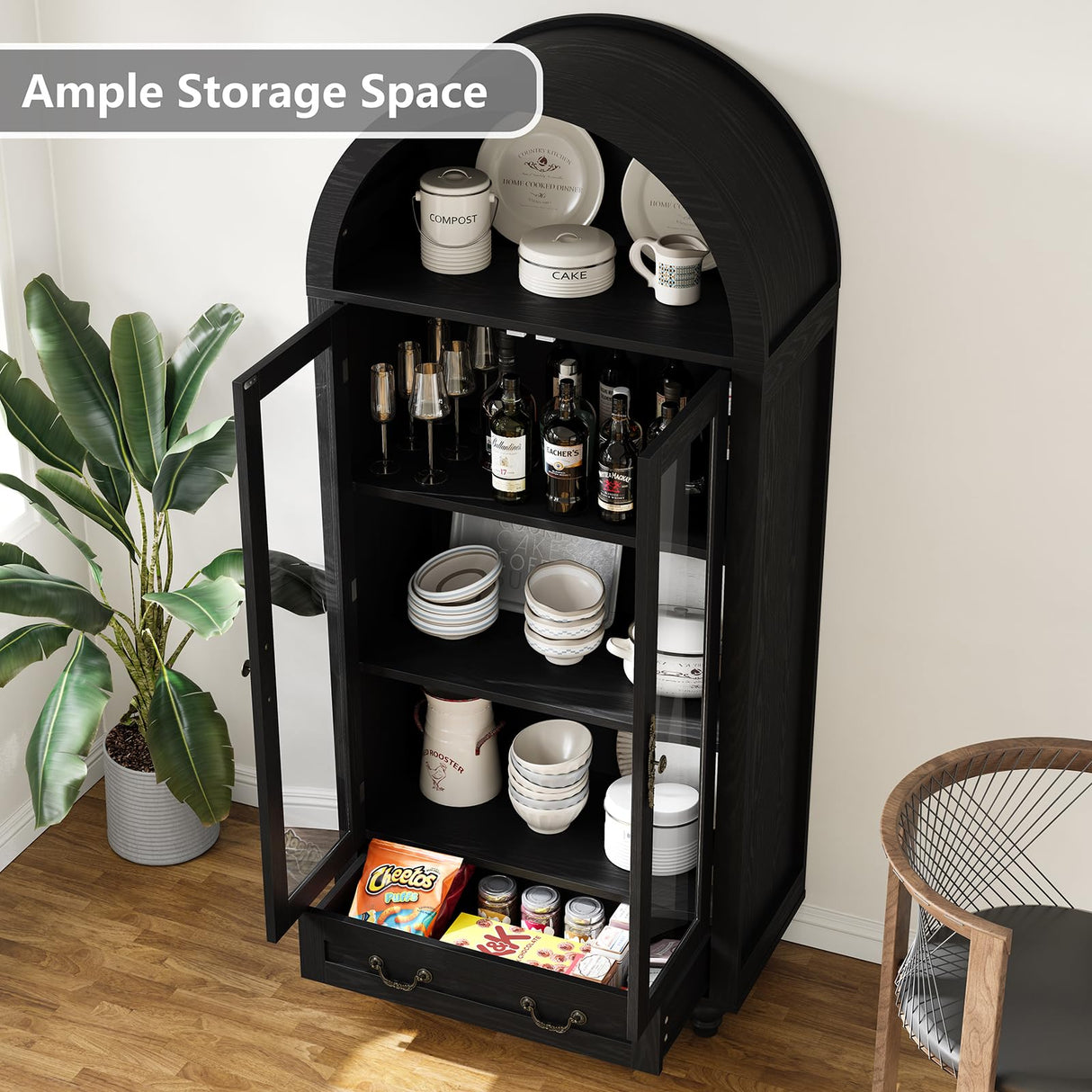Furniouse 70.2" Farmhouse Tall Arched Storage Cabinet with Glass Doors, Black Arched Freestanding Storage Cabinet Decent Cabinet for Kitchen Pantry, Dining Room Furniouse
