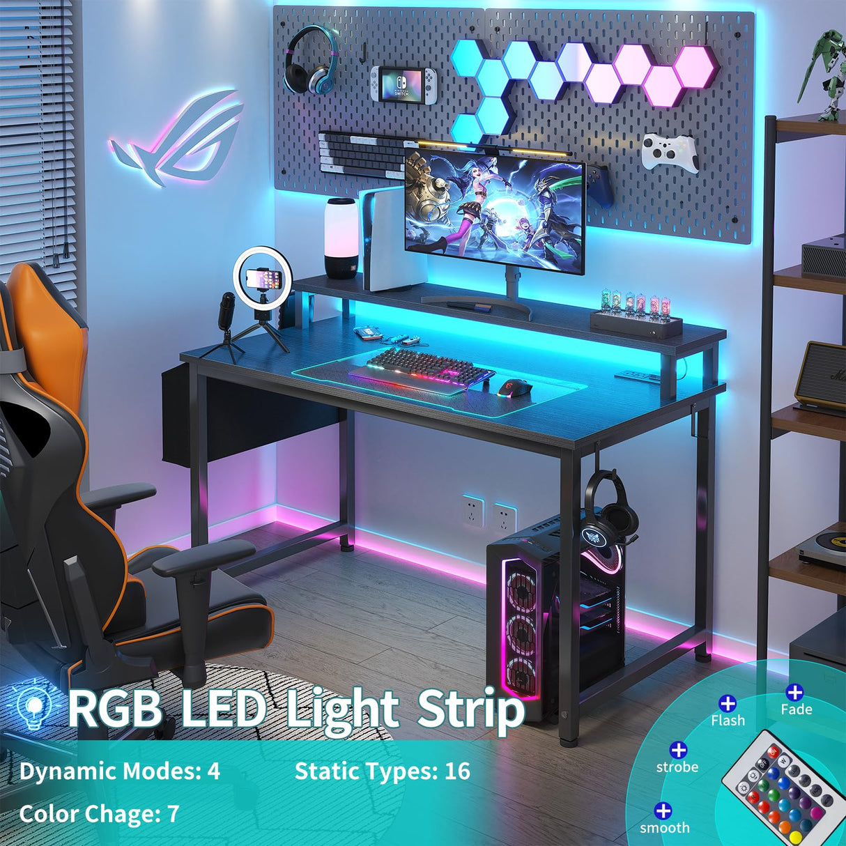 Lufeiya Black Gaming Desk with LED Lights and Power Outlets, 40 Inch Teen Writing Study Table Home Office Desks with Monitor Stand, Computer Desk with Charging Station USB Port, Black Lufeiya