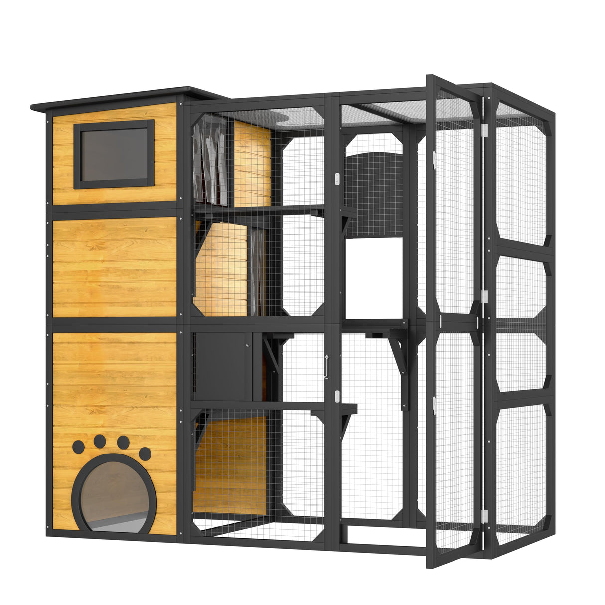 Merax Large Cat Catio 4 Tiers Cat Enclosure for Outdoor, Cat House Weatherproof Attached to Window for Multiple Cats with Platforms and Resting Rooms, Brown Merax