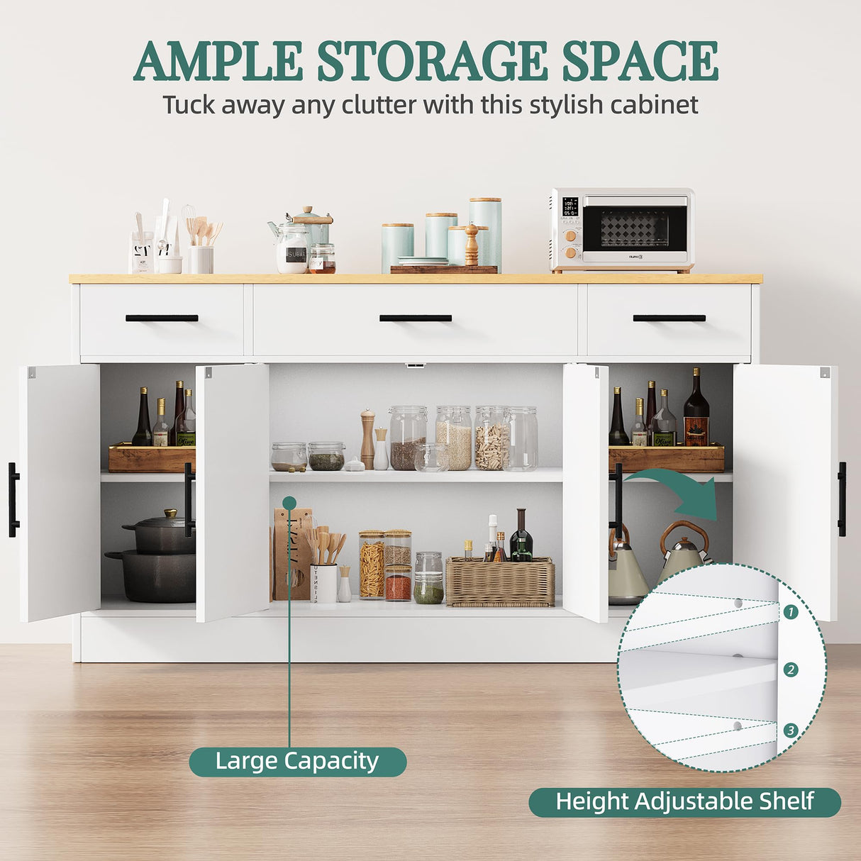 Shintenchi Buffet Cabinet with Storage,53.4" Large Kitchen Storage Cabinet with 3 Drawers and 4 Doors,Wood Farmhouse Buffet Sideboard with Adjustable Shelf for Kitchen Living Room Shintenchi