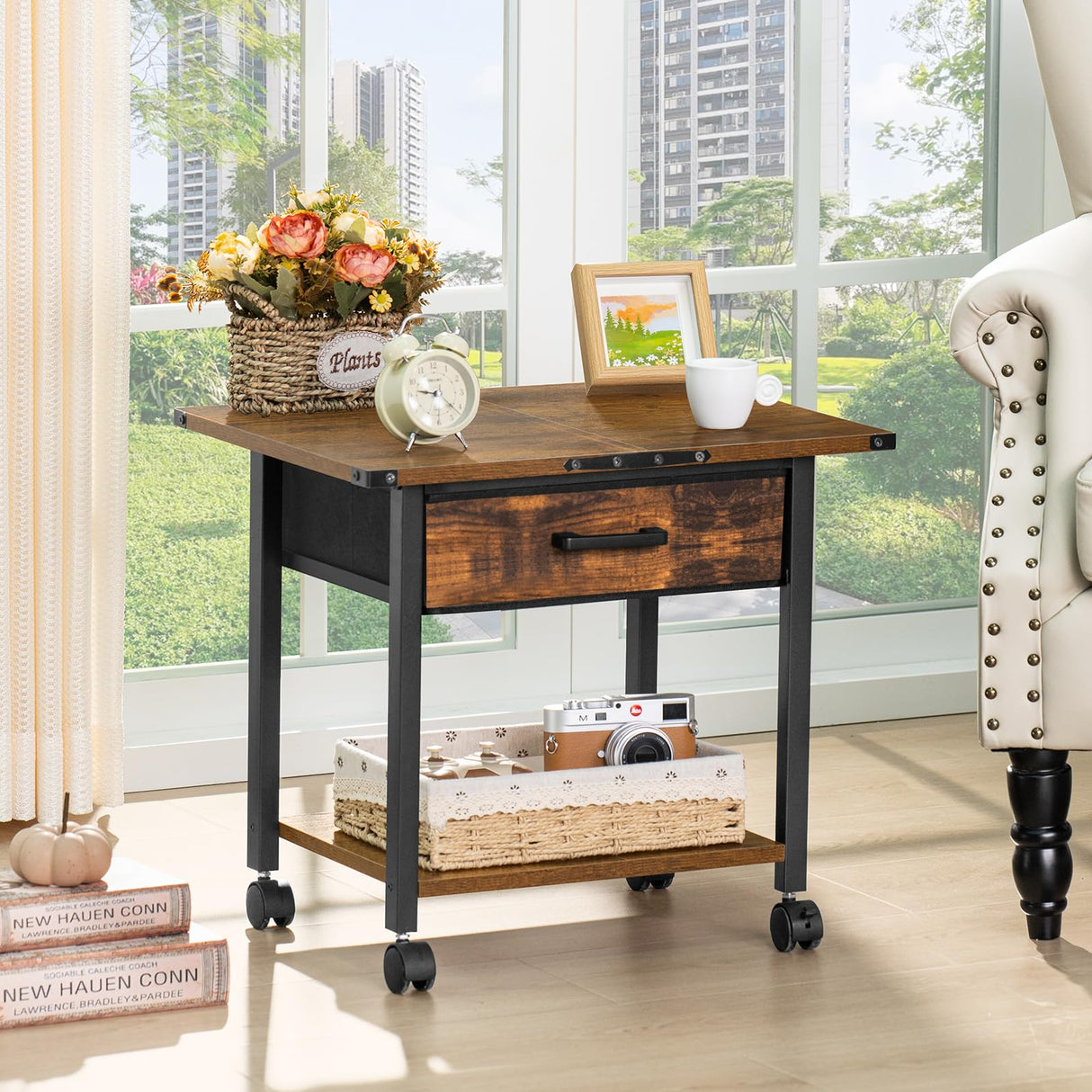 Lerliuo Under Desk Rolling Printer Stand with Drawer, 2-Tier Industrial Mobile Printer Table Desk with Storage Shelf and Steel Frame, Printer Cart Holder with Lockable Wheels for Home, Office (Brown) Lerliuo