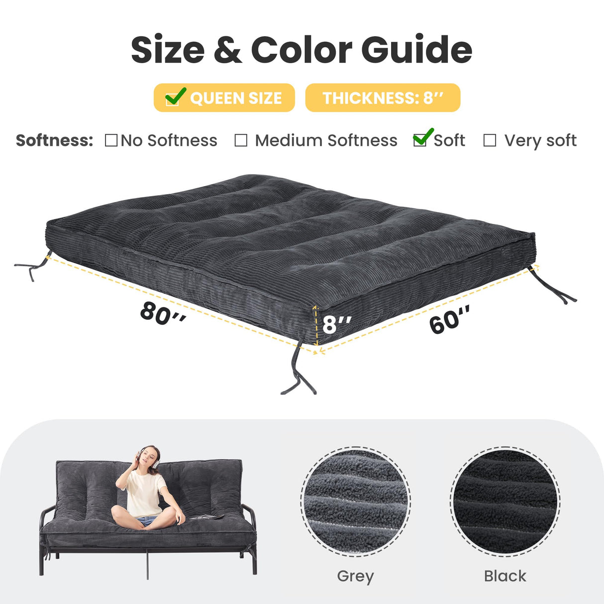 cidludto 8 Inch Queen Size Futon Mattress, Extra Thick Futon Sofa Bed Upgraded Japanese Floor Mattress Queen Floor Futons Mattresses with Tie Foldable Japanese Futon Mattress 8", Grey cidludto