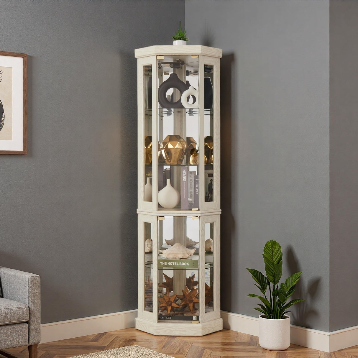 Trygoal 70" H Lighted Corner Curio Cabinet, Curio Cabinet with Tempered Glass Doors and Shelves, Corner Display Case with Light Bulb for Living Room, Dining Room, Antique White Trygoal