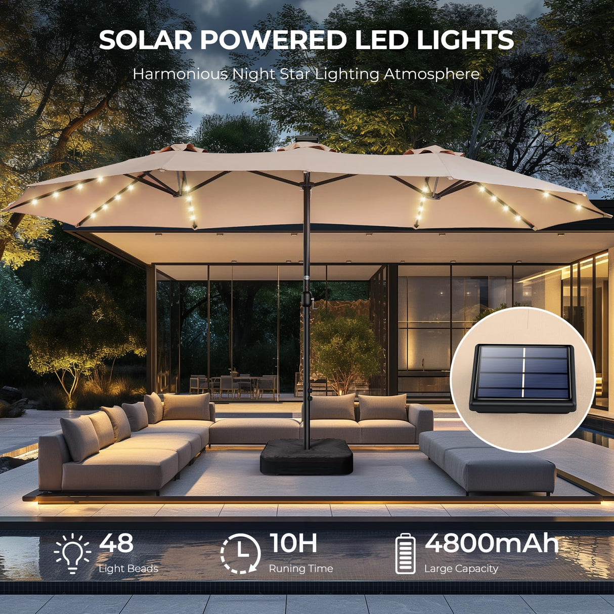 HOMSHADE Double Sided Patio Umbrellas - 15ft Solar Lights LED Lighted Outdoor Extra Large Market Table Umbrella with Base Included, Oversized Umbrella for Deck, Pool, Backyard (Beige) HOMSHADE