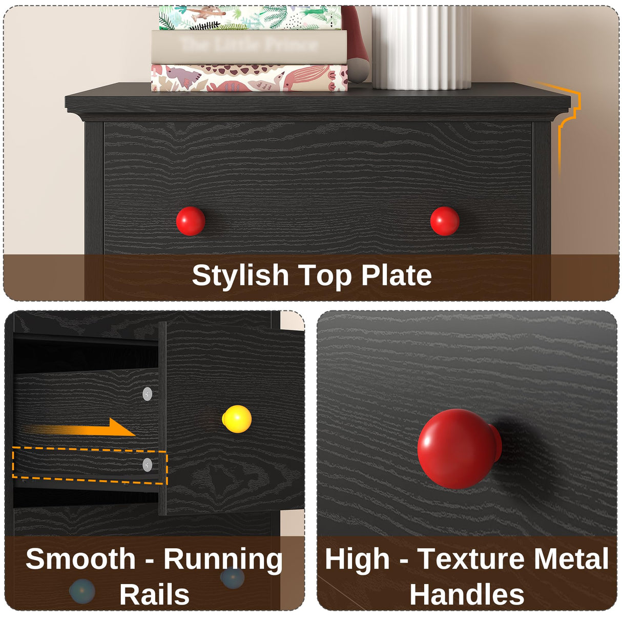 LIKIMIO Tall Skinny Dresser, 6 Drawer Dresser Tall with Colorful Handles, Chest of Drawers for Bedroom, 51.5" H Modern Wooden Storage Cabinet with Metal Sliding Rail, Black LIKIMIO