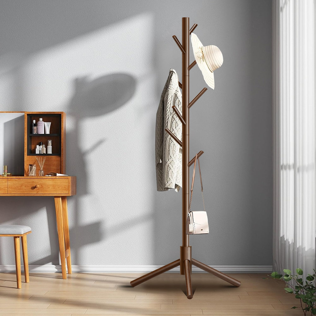Azaeahom Wooden Coat Rack Stand, Free Standing Coat Rack with 8 Hooks 3 Adjustable Heights for Clothes, Hats, Handbags, Coat Tree Easy Assembly for Entryway, Bedroom, Hallway, Office (New Brown) Azaeahom