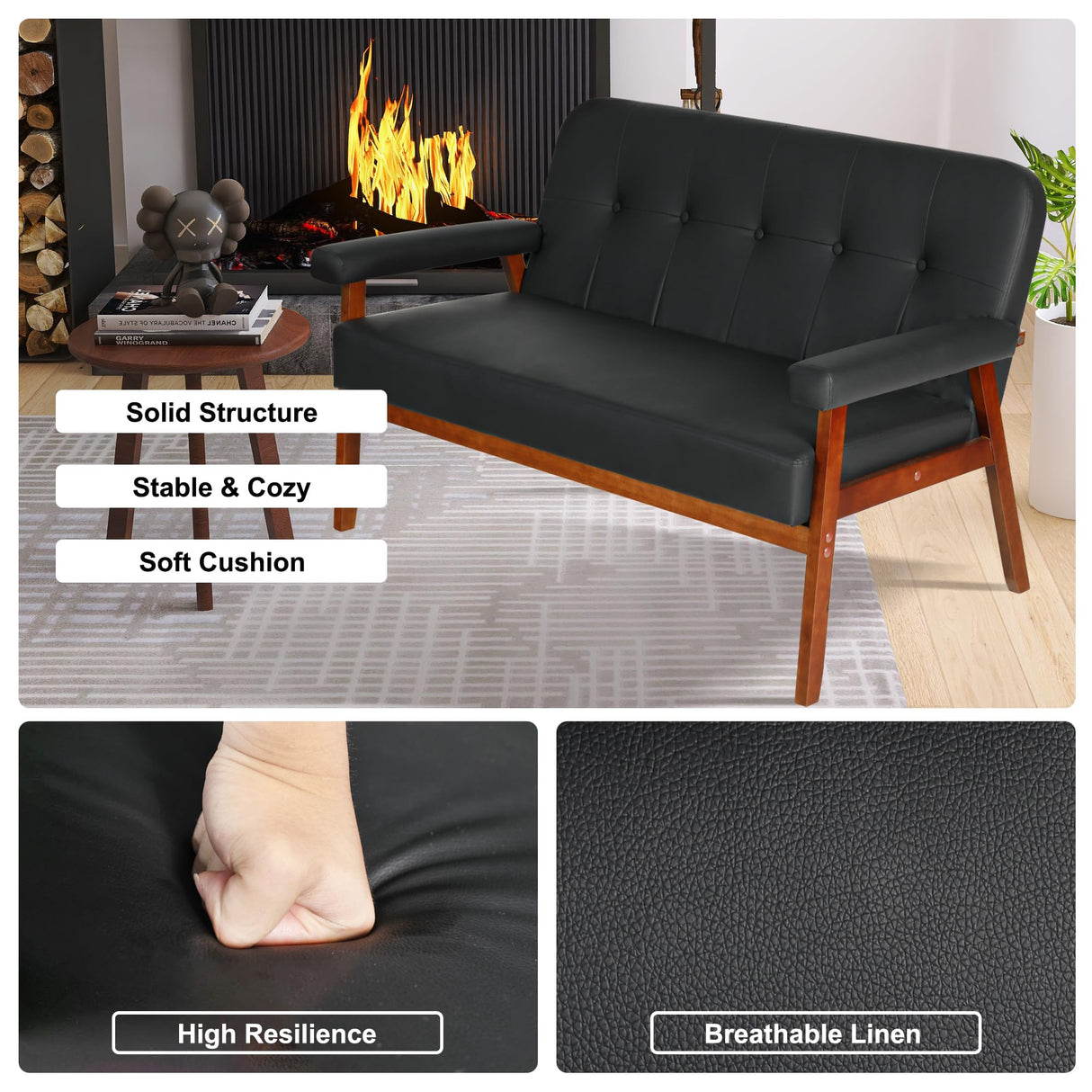 STHOUYN 50”W Black Faux Leather Small Office Couch Loveseat Sofa with Wood Arms, Mid Century Modern Love Seat Sofas Lounge Armchair Living Room Bedroom (Black (loveseat)) STHOUYN