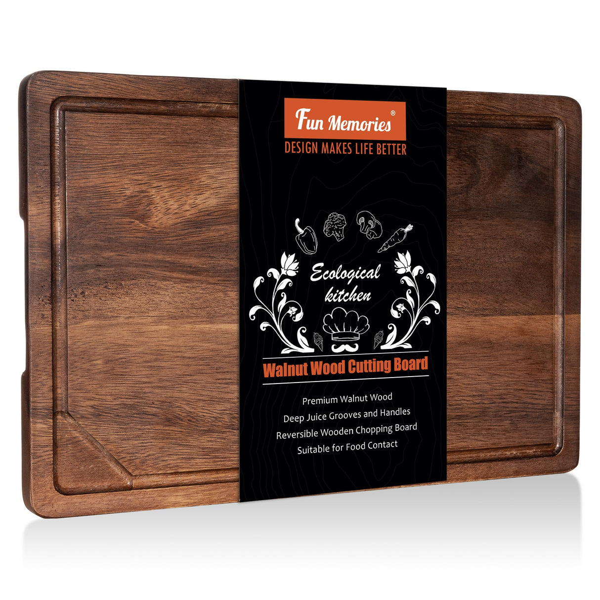 Fun Memories Black Walnut Cutting Board for Kitchen with Concealed Handles, Reversible Wood Butcher Block Cutting Board Carving Board with Juice Groove, Per 17 x 11 Inches (Gift Box) Fun Memories