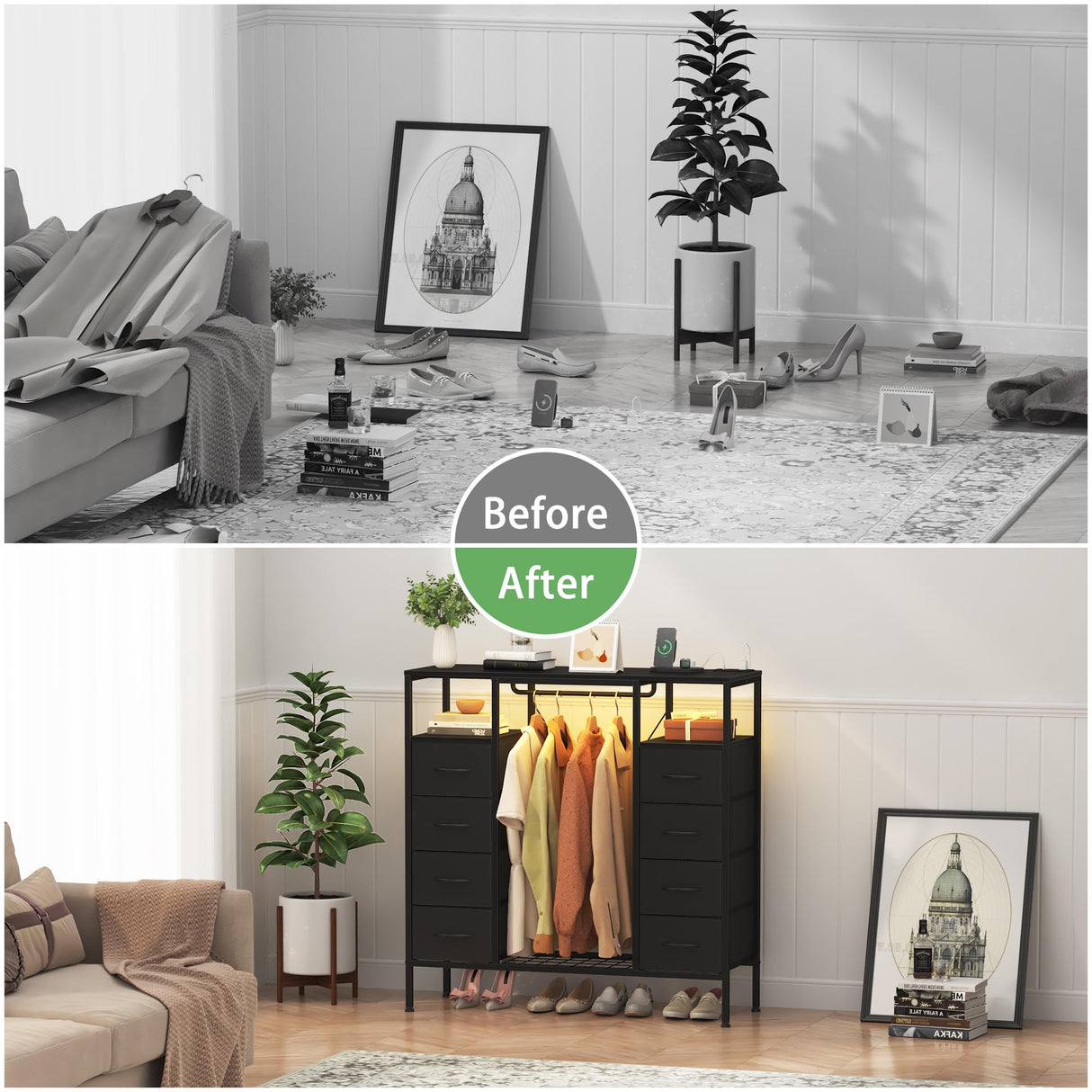 HIGDBFE 8 Drawers Dresser with Hanging Rack, Led Dresser with Charging Station, Kids Dressers with Clothes Rack Open Shelves, Chest of Drawers with Wooden Top for Bedroom, Kids Room, Black HIGDBFE