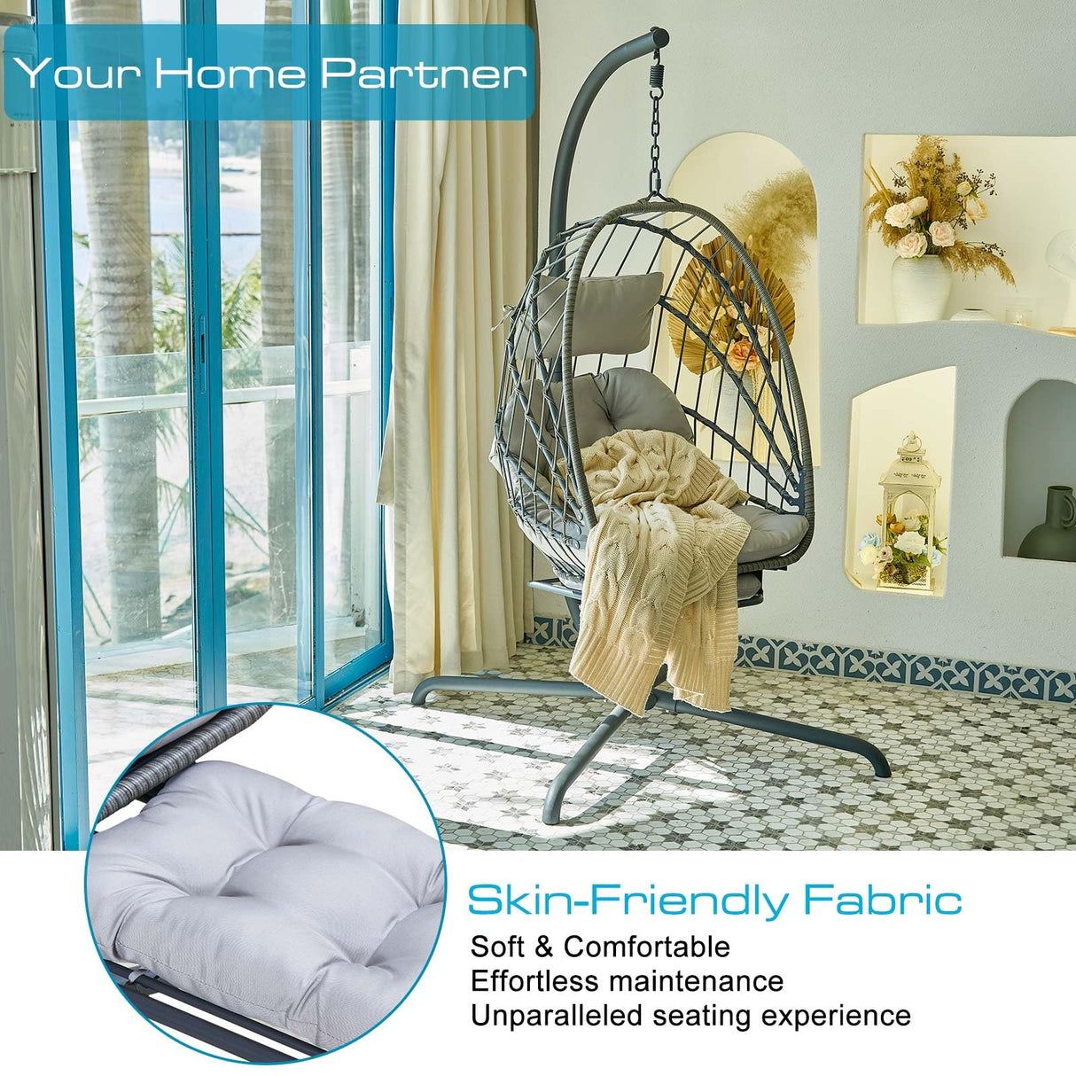 Hanging Egg Chair with Stand and Leg Rest โ Rattan Wicker Swing Hammock Chair, UV-Resistant Cushion, Heavy-Duty Frame for Indoor & Outdoor Patio, Bedroom, Balcony, Garden โ 330 lbs Capacity. Outlux