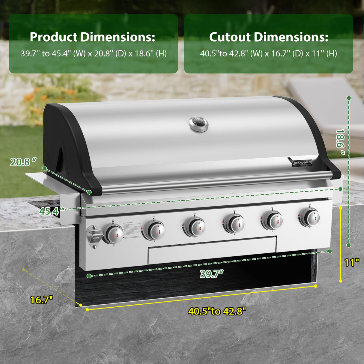 Brand-Man Propane Gas Grill, 40-Inch 6-Burner Built-In Head BBQ Island Outdoor Kitchen, Natural Gas Convertible, Heavy Duty 304 Stainless Steel, 60,000BTUs BRANDMAN GRILLS SINCE 1987