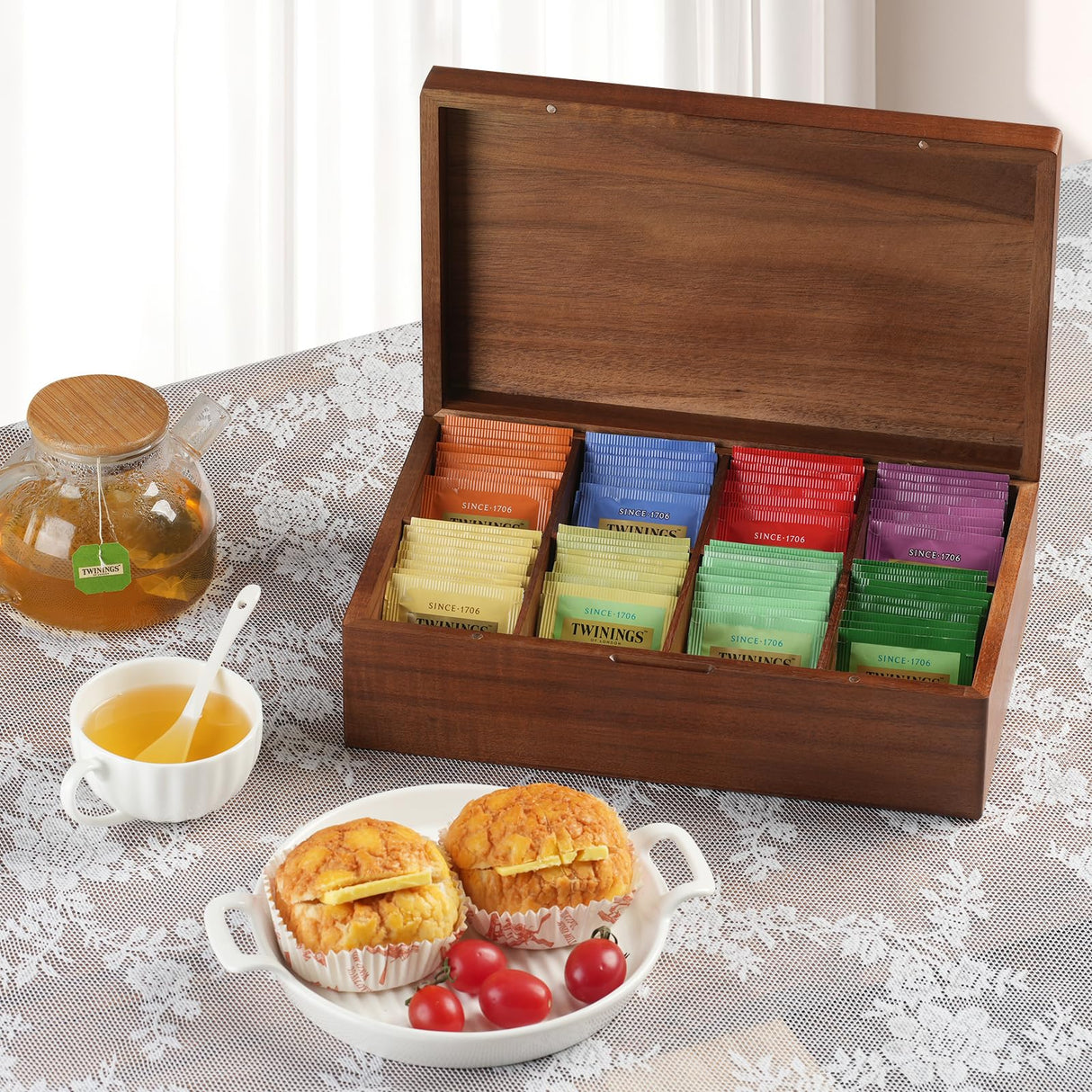 Acacia Wood Tea Bag Organizer, 8 Compartments Tea Box Organizer Storage Box, Tea Box for Tea Bags Chest, Tea Bag Holder with Magnetic Lid for Beverage Supplies, Sugar, Sweeteners, Individual Packets VOSEPO