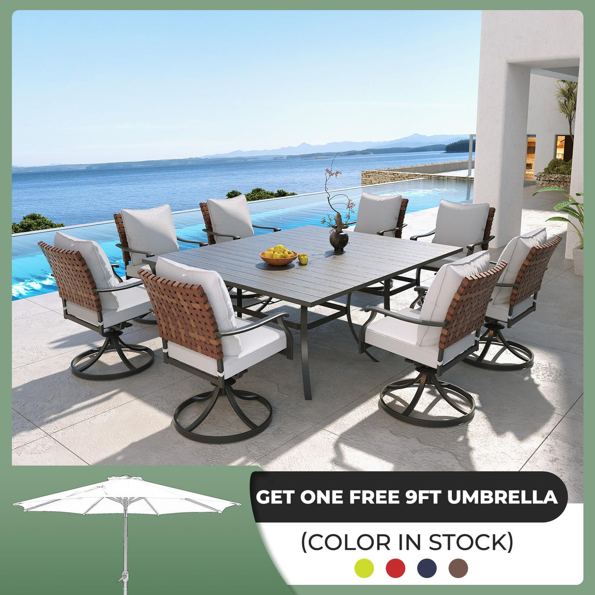 Grand patio 10-Piece Outdoor Dining Set, 8 Leather-Look Wicker Swivel Patio Chairs & 2 Rectangular Dining Table, Black Grand patio