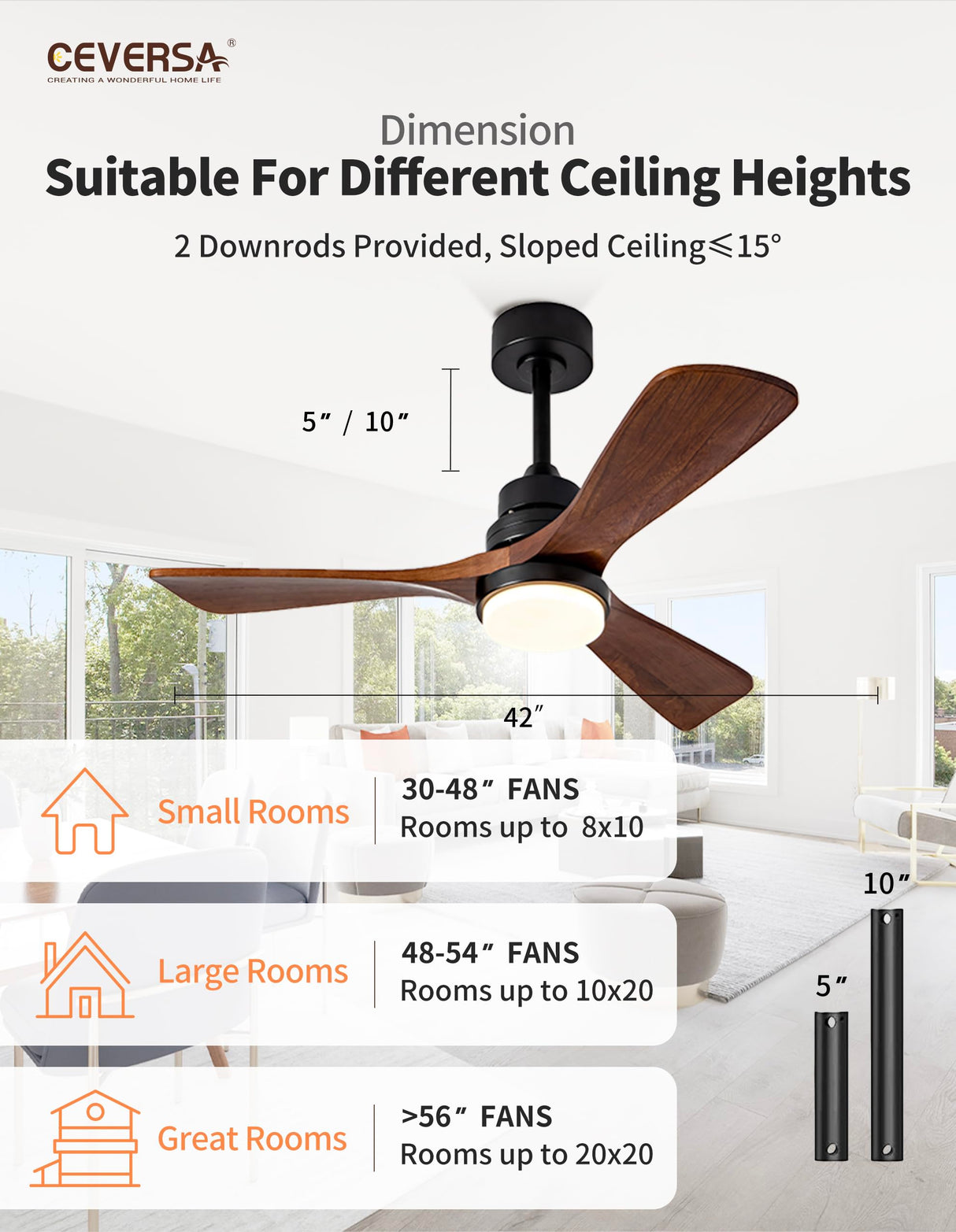 Ceversa 42 Inch Solid Wood Ceiling Fan with Light and Remote Control,3 Blades Craftmade Modern Ceiling Fan Quiet for Living Room Bedroom Farmhouse Indoor Outdoor Ceversa