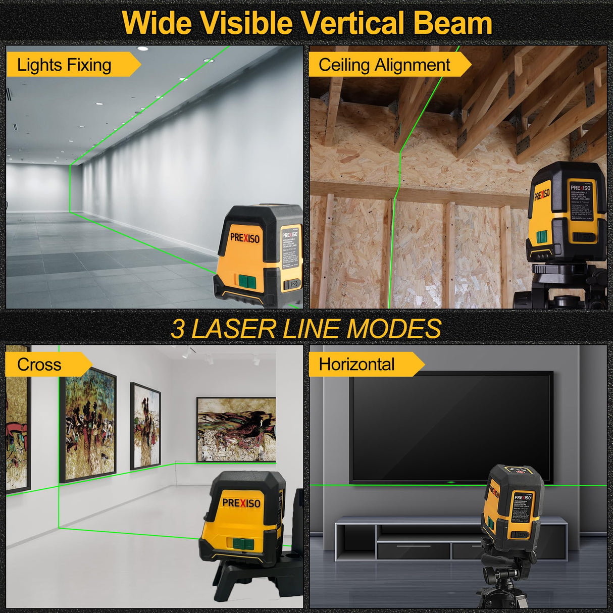 PREXISO Laser Level with Tripod - 100Ft Rechargeable Dual Modules Line Laser, Self Leveling Wide Angle Cross Leveler Tool for Construction, Floor Tile Renovation with Magnetic Base, Target Plate, Bag Prexiso