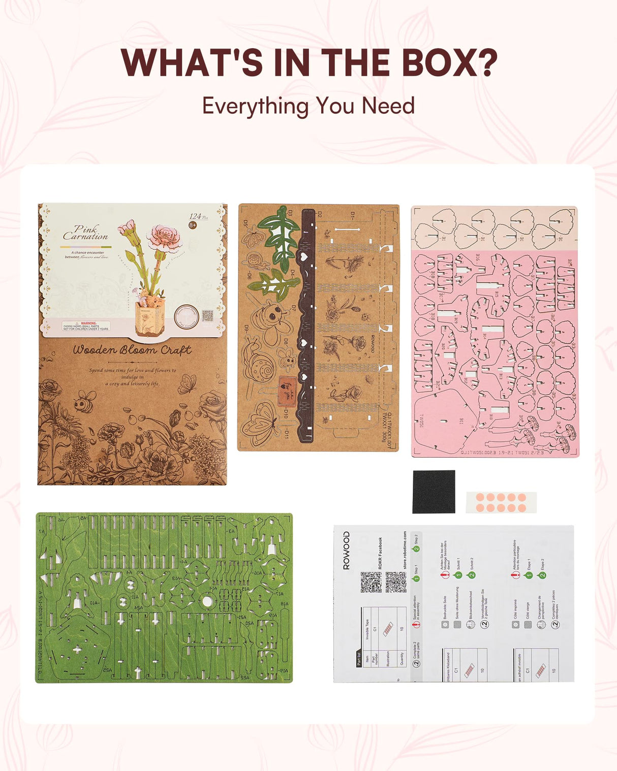 ROBOTIME 3D Puzzle Wooden Flower Pink Carnation DIY Model Kit to Build for Adults Artifical Bouquet Collection Craft Brain Teaser Puzzle Creative Gift Home Decor ROBOTIME