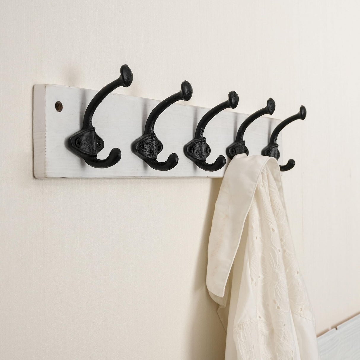 WEBI Rustic Coat Rack Wall Mount,5 Cast Iron Hooks,Coat Hooks Wall Mounted,Heavy Duty Antique Vintage Hooks for Hanging Coats,Jacket,Clothes,Black on White WEBI