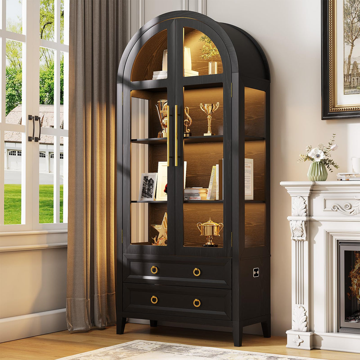 LVSOMT 71" Tall Arched Storage Cabinet with Glass Doors and Drawers, Curio Display Cabinet with Adjustable LED Light & Human Sensor, 4-Tier China Cabinet for Living Room(Black) LVSOMT