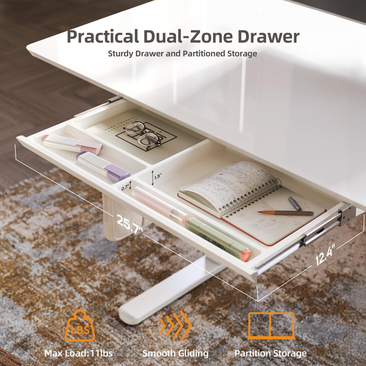 Claiks Glass Standing Desk with Drawers, 48×24 Inch Electric Adjustable Height Stand Up Desk Quick Install Computer Desk, White Claiks