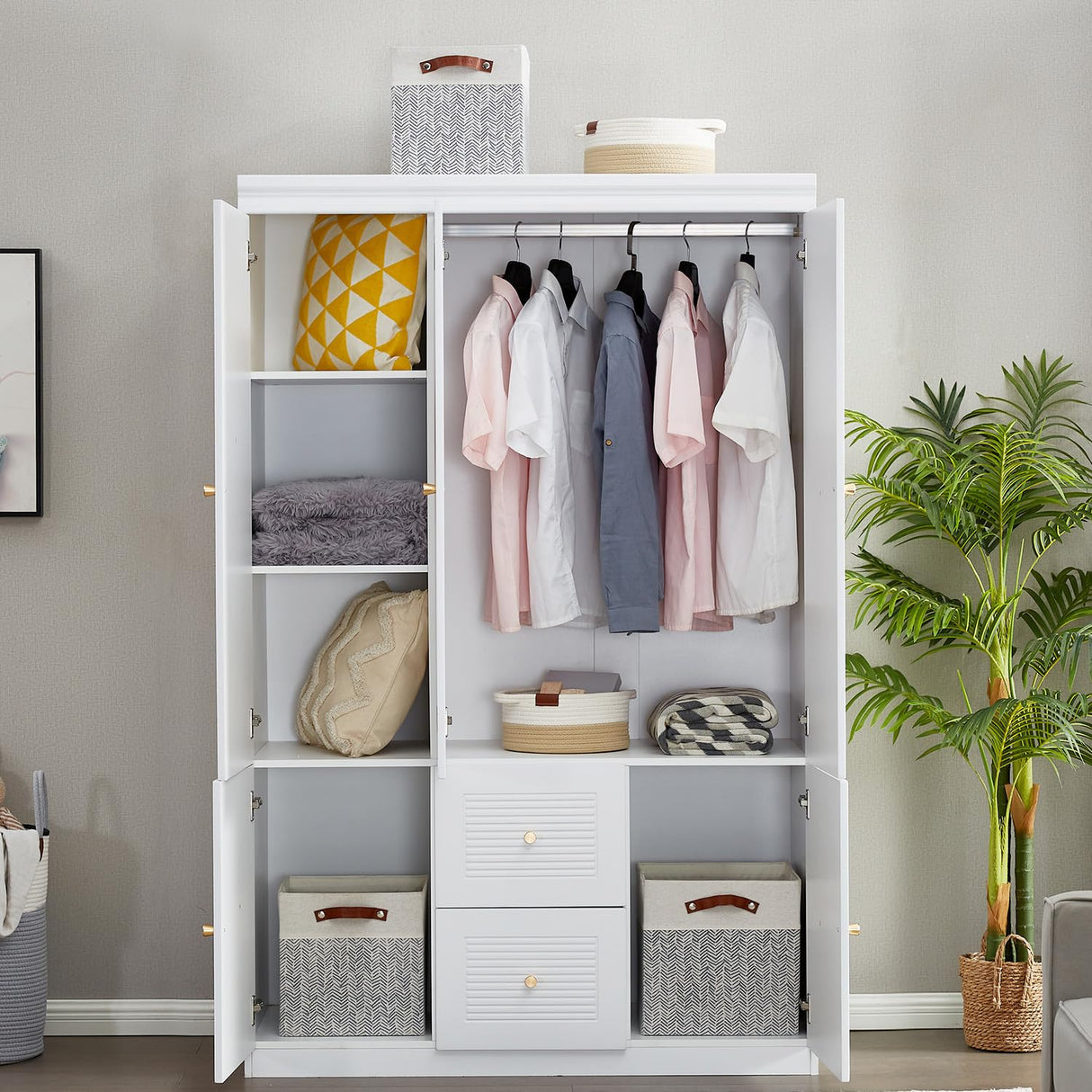 Sophshelter 74.2" Armoire Wardrobe Closet Storage, Wood 3 Door 2 Drawers White Closet Cabinet for Large Capacity, Tall Cabinet Closet with Hanging Rod and 5 Storage 47.3" L x 20.3" W x 74.2" H Sophshelter