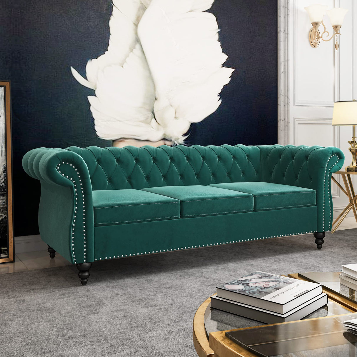 Chesterfield Sofa Velvet, Modern Tufted Couch 3 Seater with Rolled Arms and Nailhead for Living Room, Bedroom, Office, Apartment (Green) ORRD