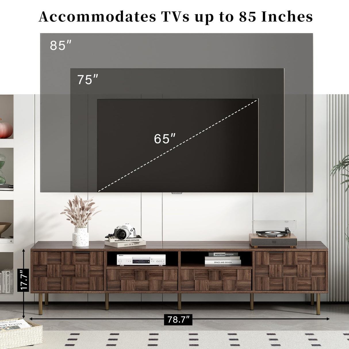 Merax Modern Wood TV Stand Consoles for Living Room, Mid-Century Solid Wood Entertainment Center with Storage Cabinets, Practical Media Console for TVs Up to 85'', Dark Brwon Merax