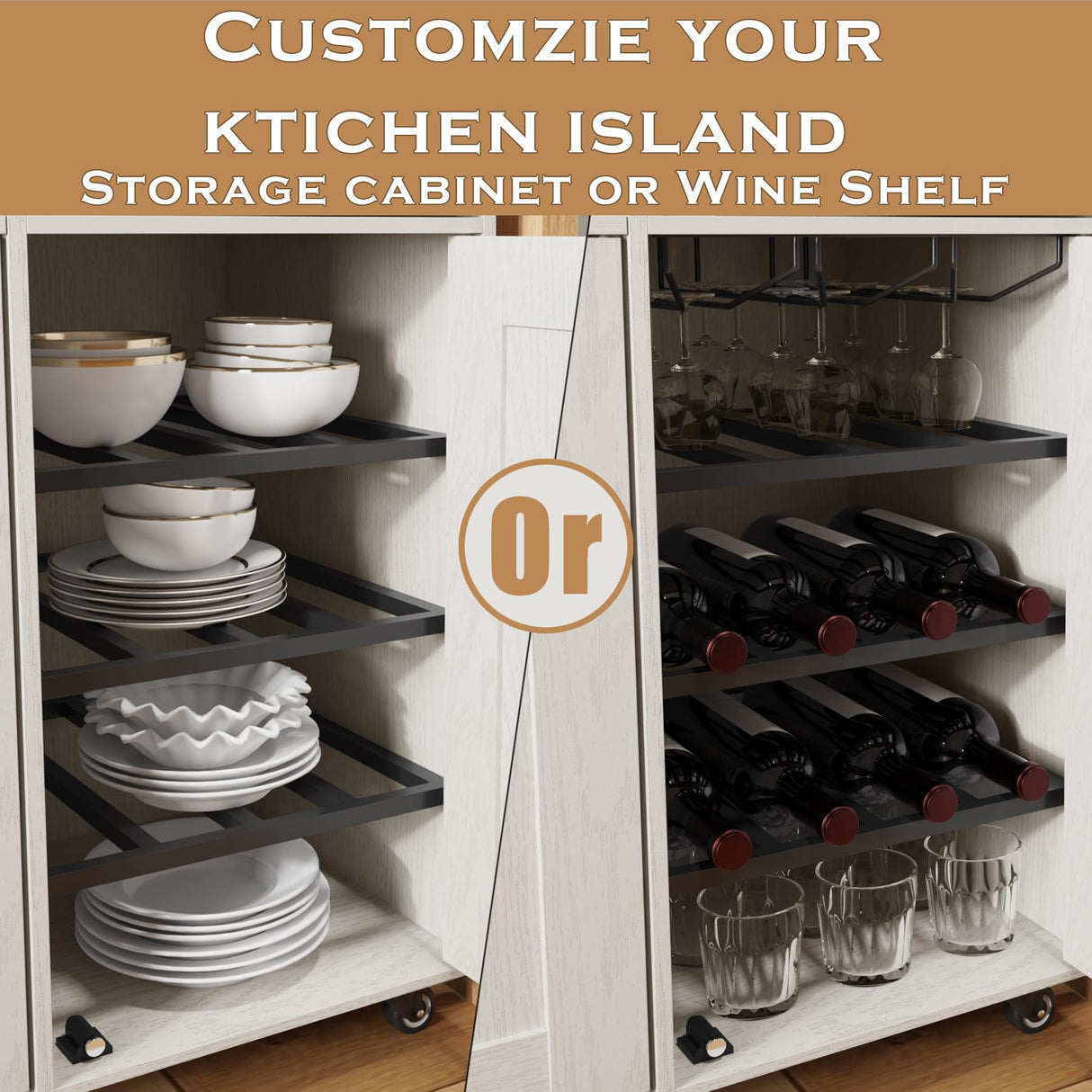 ASTRONAPE Rolling Mobile Kitchen Island Cart Bar with Drawer and Desktop Drop Leaf Countertop, Island Table Storage with 5 Wheels, Rolling Kitchen Cabinet with Power Socket and Towel Rack ASTRONAPE