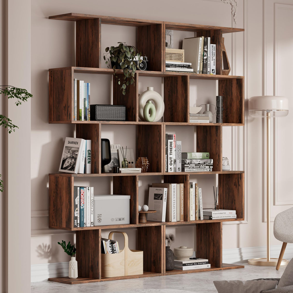 Cozy Castle Set of 2 Geometric Bookcase, S-Shaped Modern Bookshelf, Room Divider Bookshelf, 62" Tall Unique Abstract Bookcase with 5-Tier Display Shelf for Living Room Office, Rustic Brown Cozy Castle