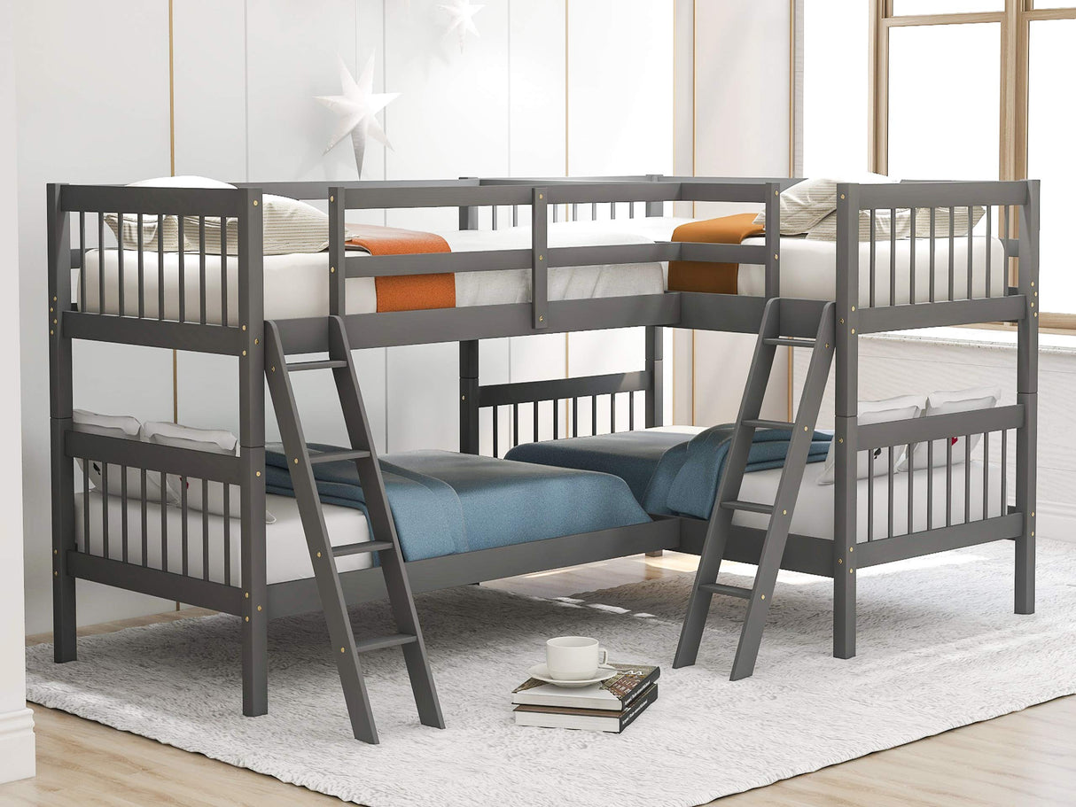 L-Shaped Bunk Bed Twin Over Twin, Quad Bunk Bed with Angle ladder and Security Guardrail, Twin size Bunk Beds for 4, Wooden Corner Bunk Beds for Kids, Teens, Adults, No Box Spring Needed (Twin, Grey) Harper & Bright Designs