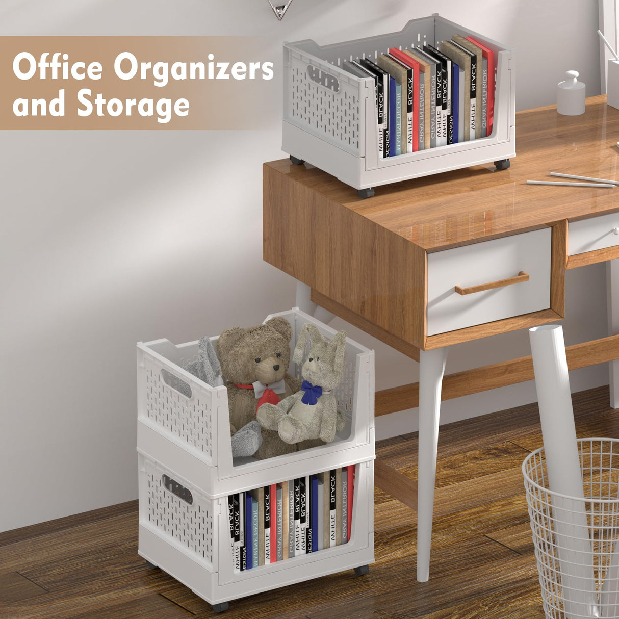 Stackable Plastic Storage Basket, 3 Pack Foldable Closet Organizers and Storage Bins with Wheels, Collapsible Drawer Shelf Storage Box Container for Office Bedroom Closet Wardrobe Kitchen Bathroom BUZIFU