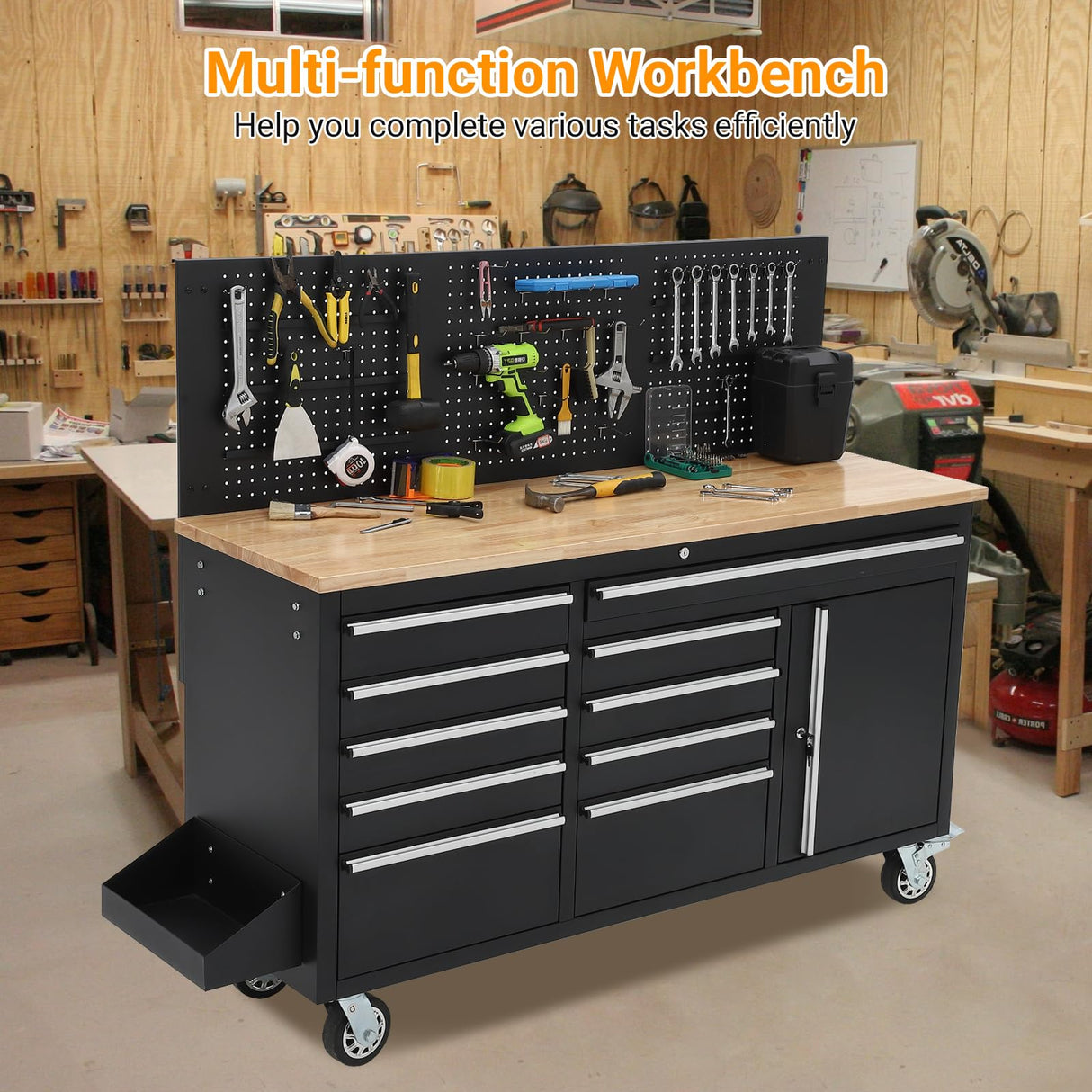61-inch Rolling Tool Chest, 10 Drawers Garage Workbench Storage Tool Cabinet with Power Strip, Solid Rubber Wood Top, 1675 LBS Load Mobile Workstation, Heavy Duty Rolling Cabinet GAOMON