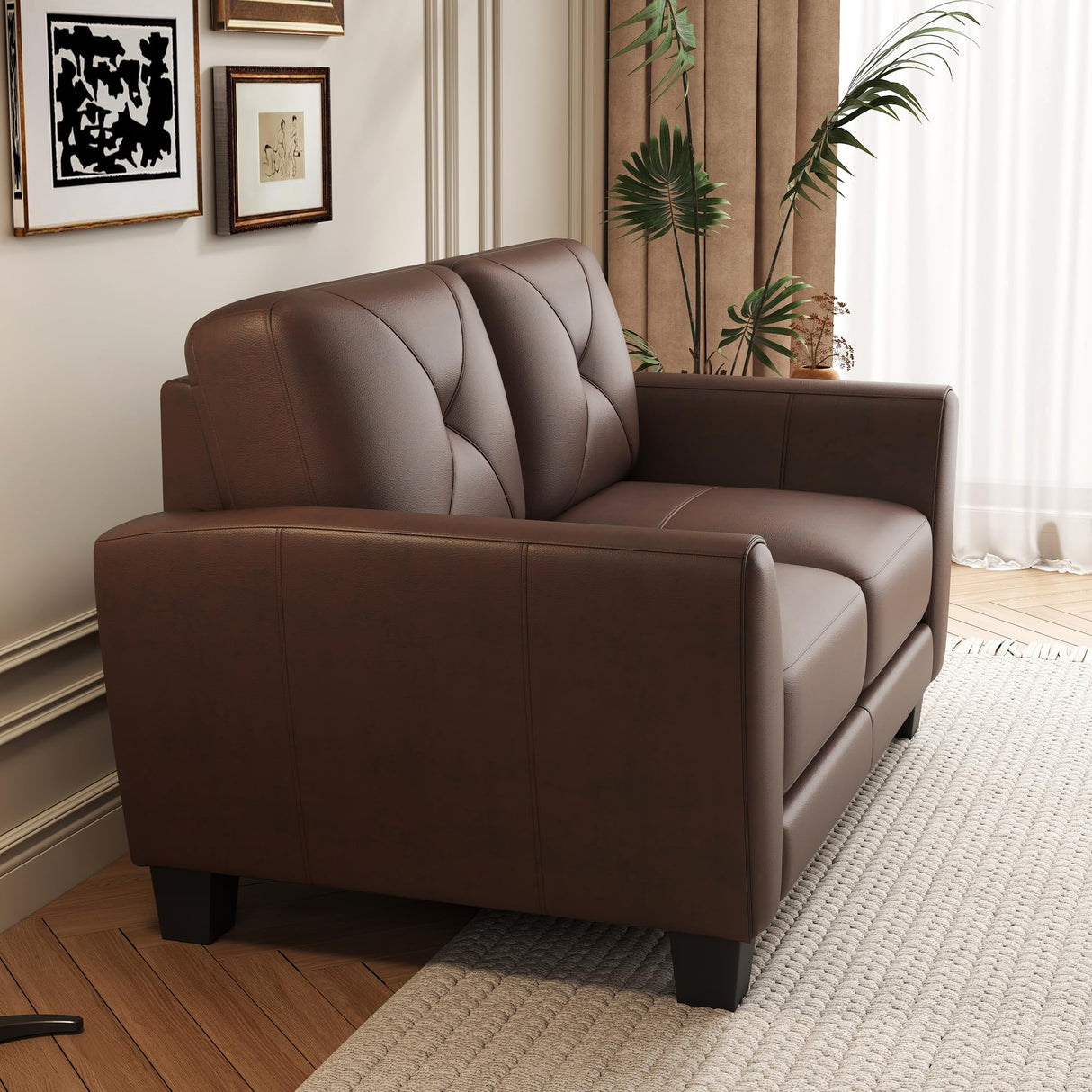 Familymill 62'' Genuine Leather Loveseat Couch, Classic 2-seat Sofa with Padded Seat Cushion for Living Room (Honey Brown, Loveseat) Familymill