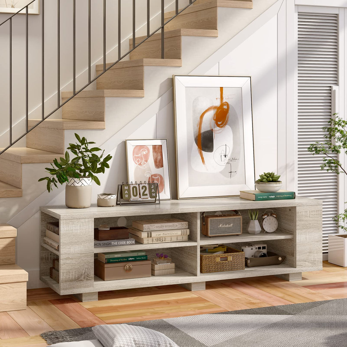 Tangkula Wooden TV Stand for TVs up to 65 Inch Flat Screen, Modern Entertainment Center with 8 Open Shelves, Farmhouse TV Storage Cabinet for Living Room Bedroom, TV Console Table (White Oak) Tangkula