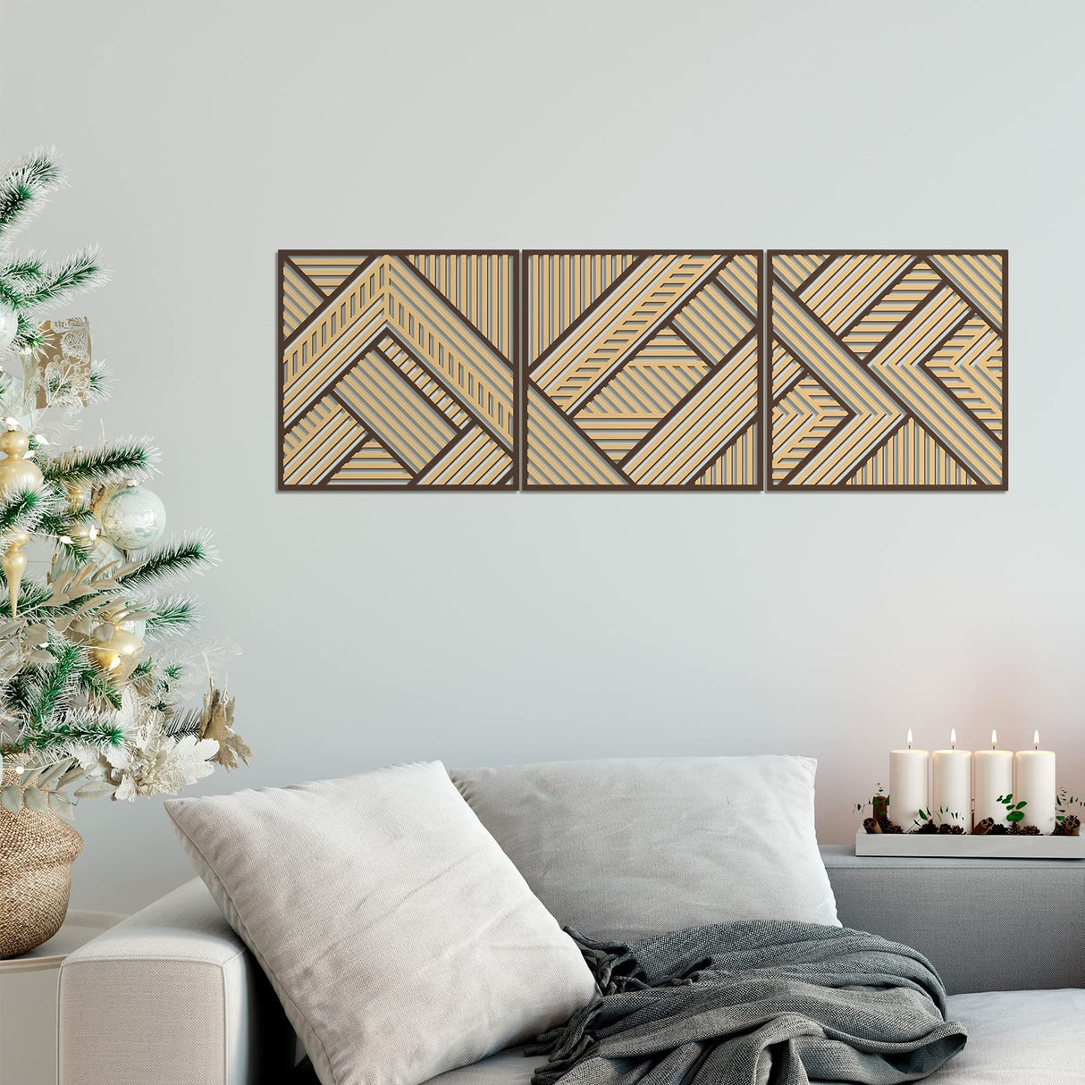 Tatuo 3 Pcs Geometric Wood Wall Art, Modern Slatted Wood Design Wall Decor, Hanging Abstract Panels Wall Decor with 3D Hollow Craft Art for Home Office Kitchen Living Room Bathroom (Simple Geometry) Tatuo