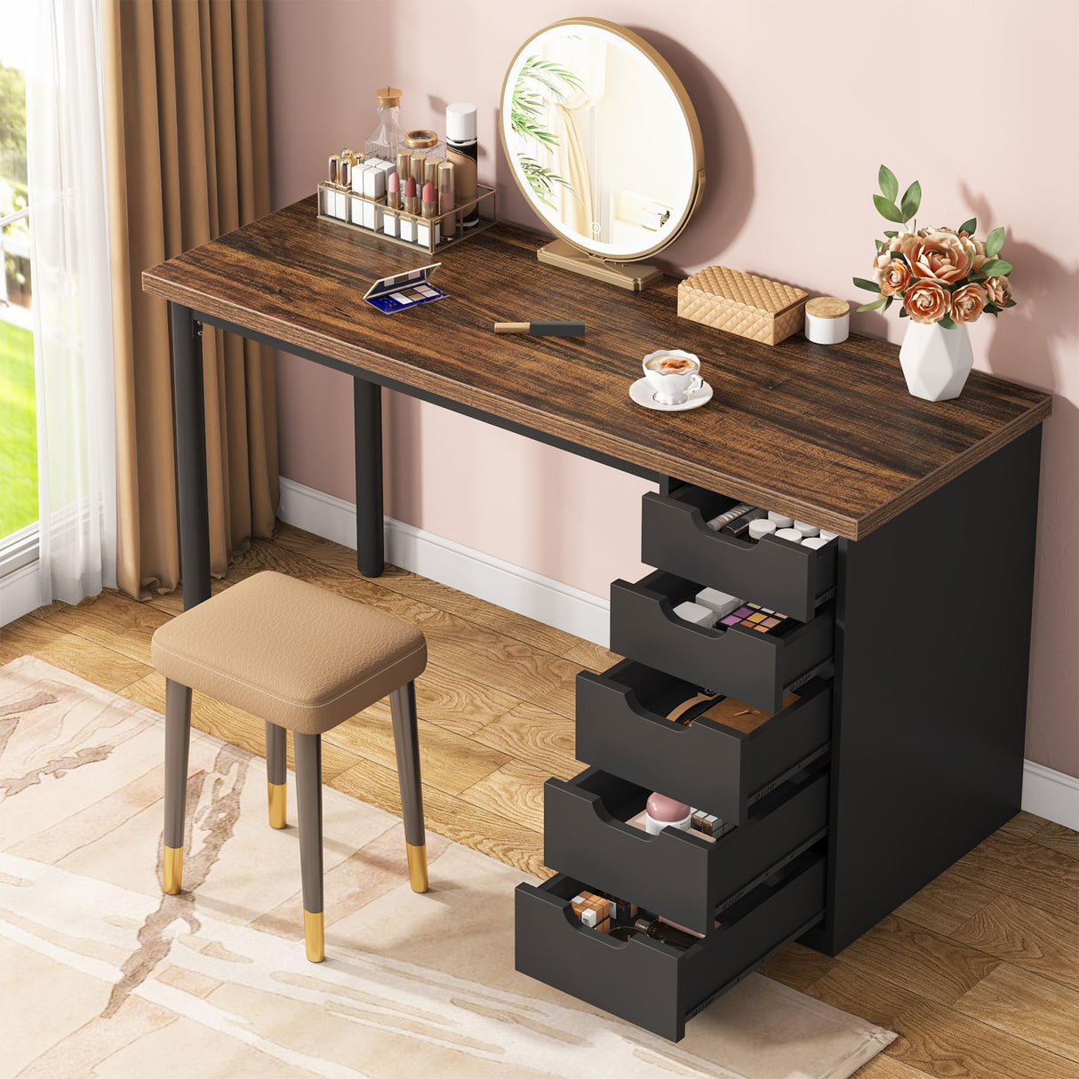Tribesigns 47 inches Vanity Desk with 5 Drawers (Brown+Black) Tribesigns