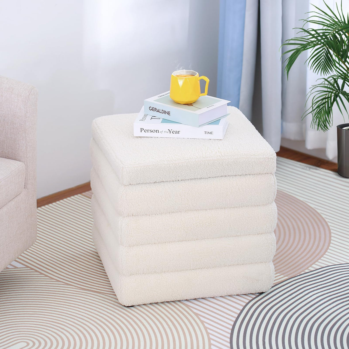 OuchTek Teddy Square Ottoman White Small Storage Ottoman Cube Ottoman for Living Room Sherpa Foot Stool Boucle Vanity Stool with Storage OuchTek