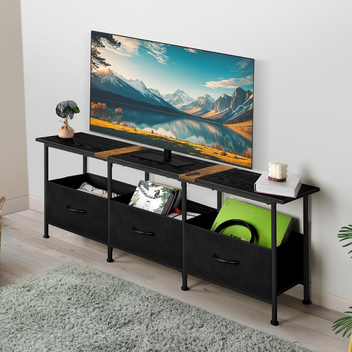 CADUKE Black TV Stand for 55 inch TV, Farmhouse Entertainment Center with 3 Fabric Drawers, Industrial TV Console Table for Bedroom, Living Room CADUKE