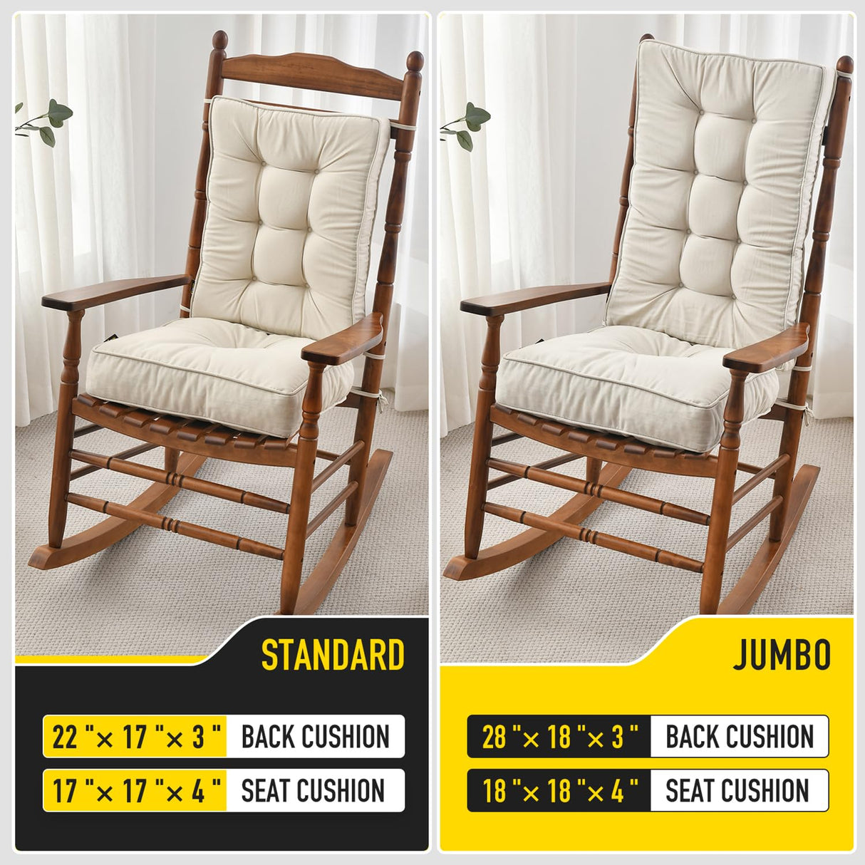 SUNROX Memory Foam Non Slip Rocking Chair Cushion, FadeShield Water Resistant Thicken Durable Tufted Pads, Set of Seat & Back Cushion with Ties for Indoor/Outdoor Rocker, 2 Piece, Cream SUNROX