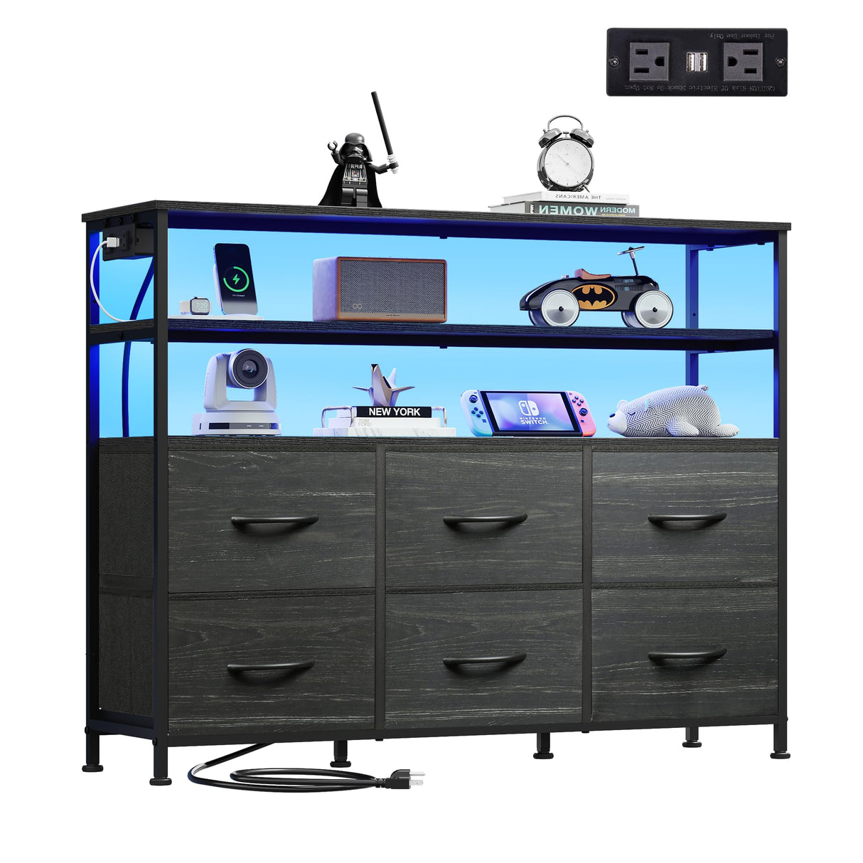 WLIVE Black TV Stand for 40, 45 inch TV, Entertainment Center with LED Lights & Charging Station, TV Media Console Table with 6 Fabric Drawers and Open Shelves for Living Room, Hallway, Wood Top WLIVE