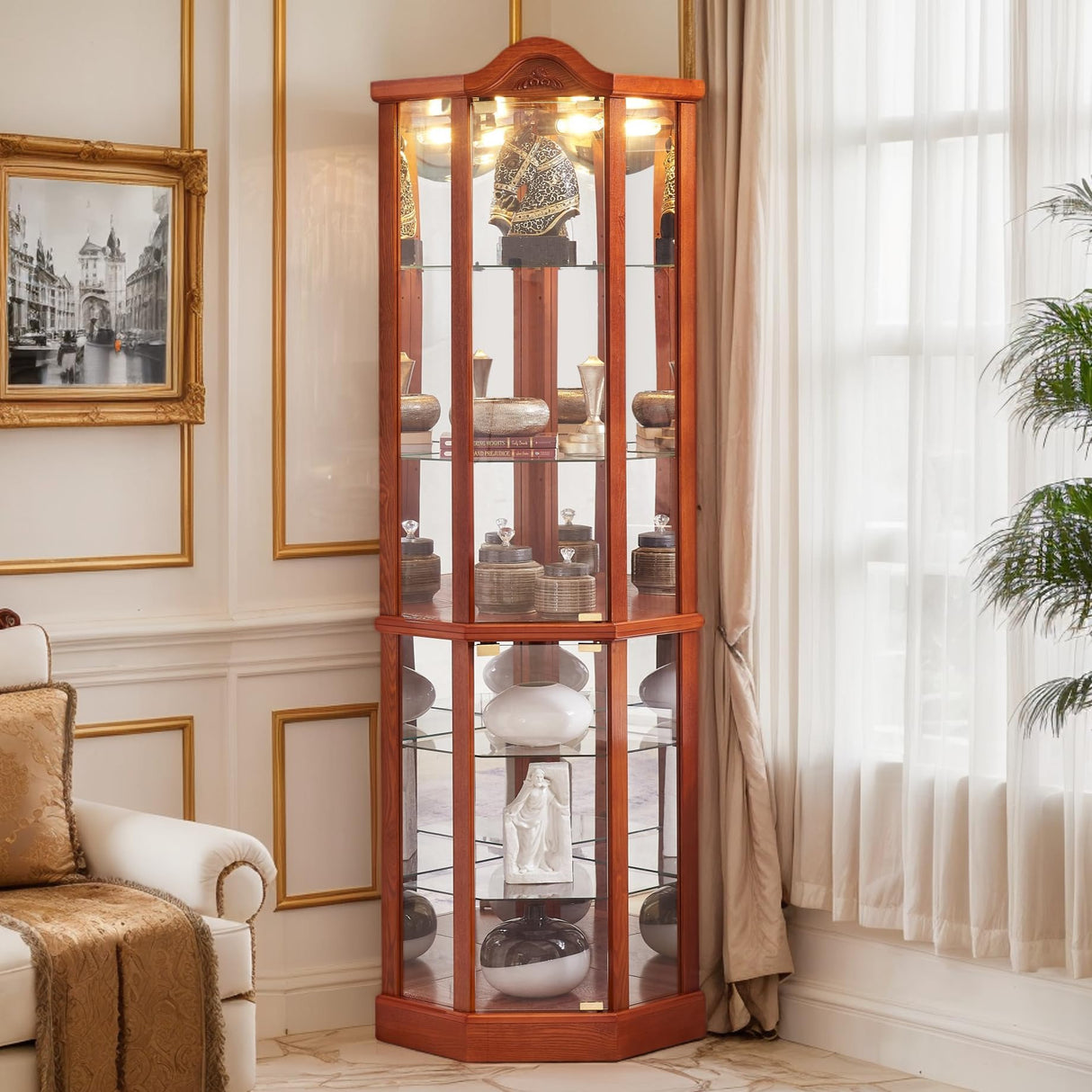 CKEASEAN 72" H Lighted Curio Cabinet with Light Blub, Glass Display Cabinet with 6 Adjustable Shelves, Tempered Glass Doors, Corner Wine Cabinet Storage Rack for Bar and Liquor Storage (Oak) CKEASEAN