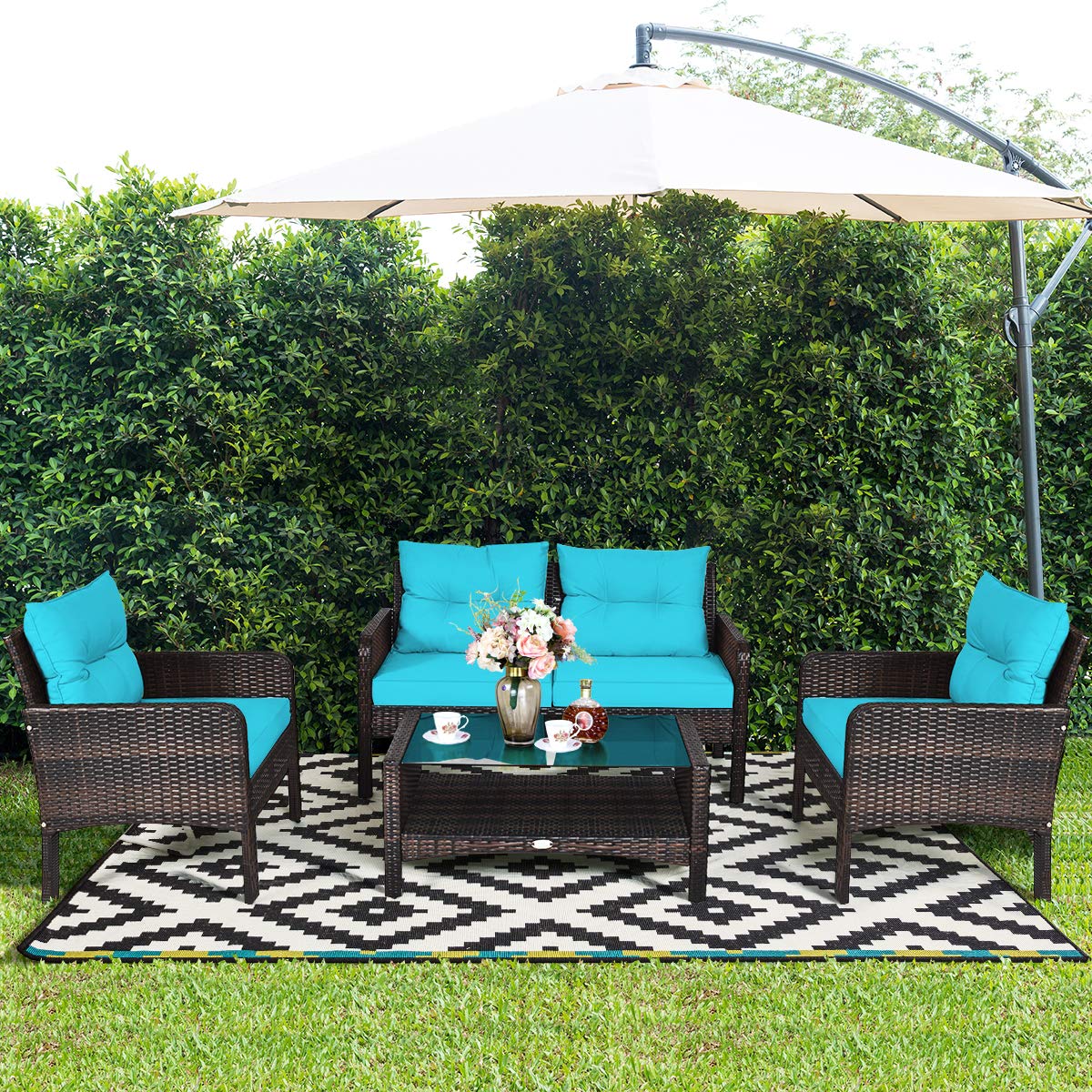 Tangkula 4 Piece Patio Furniture Set, Outdoor Wicker Conversation Set with Glass Top Coffee Table, All Weather Proof and Thick Cushions, Suitable for Porch, Garden, Poolside and Lawn (Turquoise) Tangkula