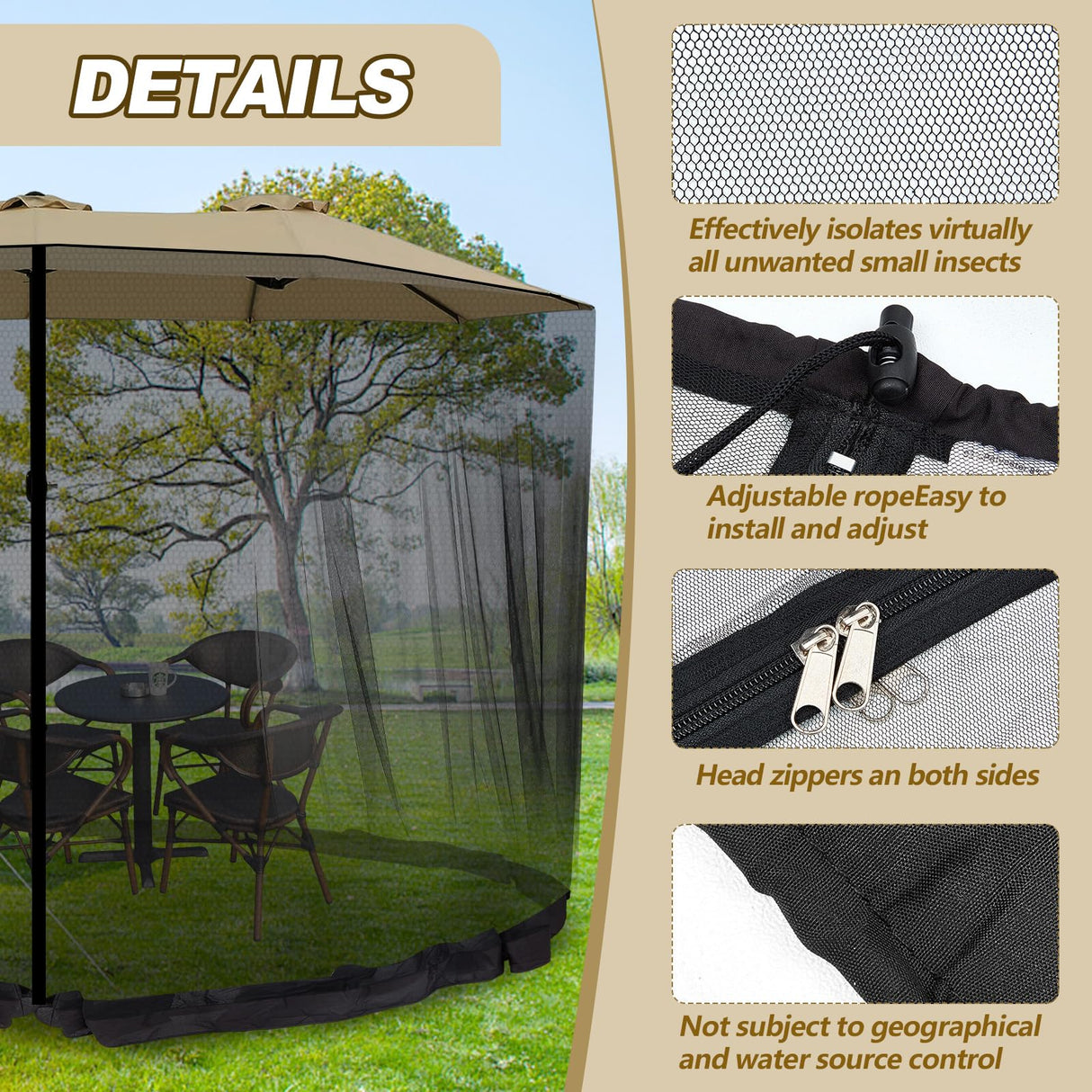 Wesnoy 13-15 ft Umbrella Mosquito Netting Patio Mosquito Netting with Double Zipper Door Patio Umbrella Screen Enclosure Mesh Mosquito Umbrella Canopy Mesh Net Screen for 10'x10' Pop up Gazebo, Black Wesnoy
