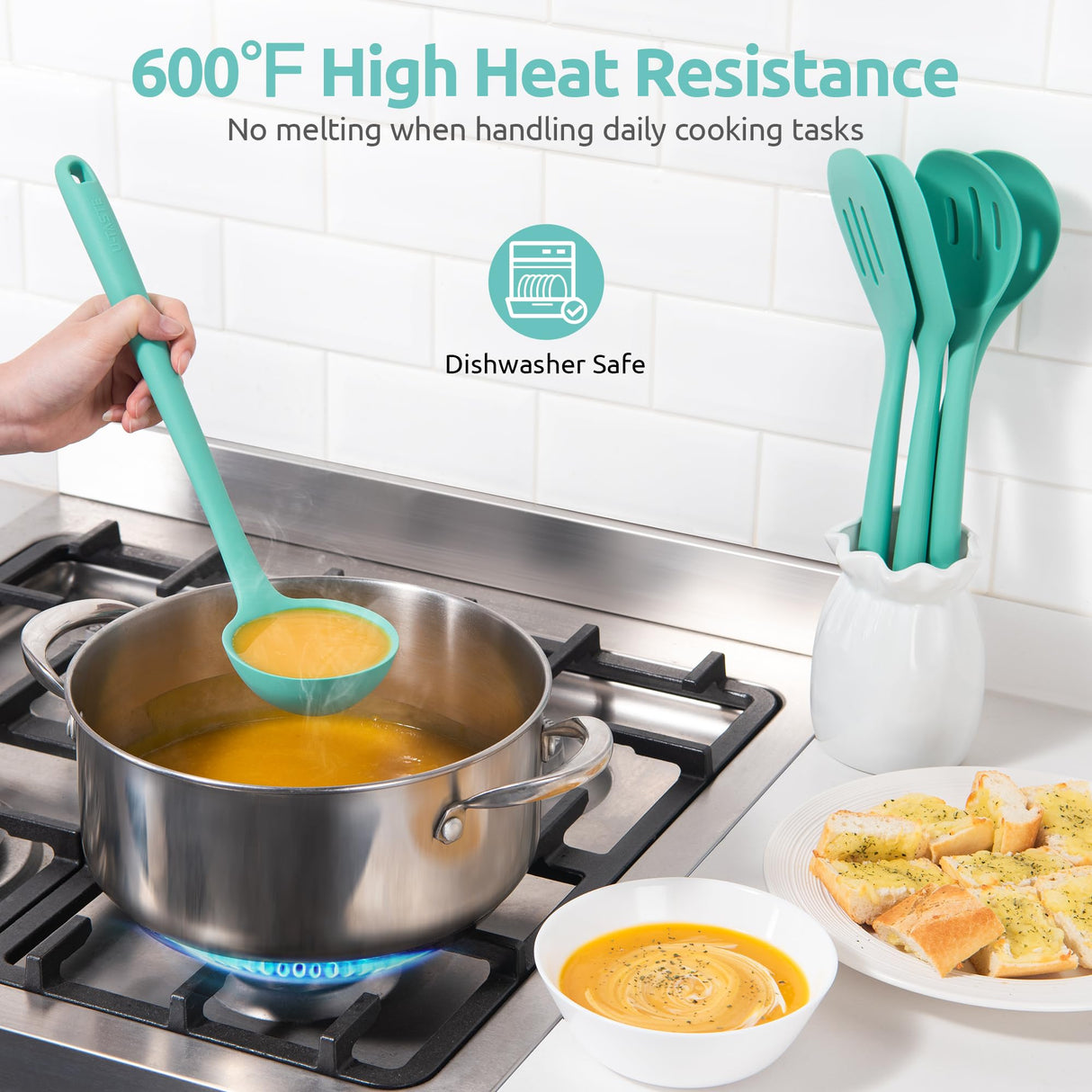 600ºF Heat Resistant Kitchen Utensil: U-Taste 13.6" Extra Long Silicone Cooking Tools Set, Food-Grade Non-Stick Solid and Slotted Turner Spatula, Mixing Spoon, and Soup Ladle (5 Pieces, Aqua Sky) U-Taste